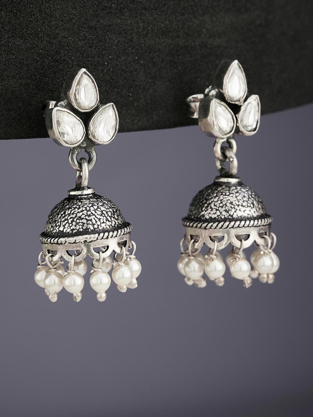 

Fabindia Contemporary Oxidised Silver-Plated Artificial Stones Jhumkas Earrings