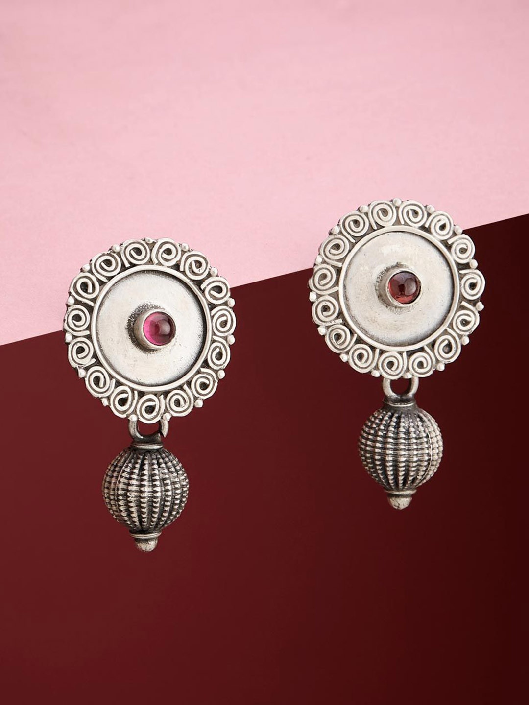 

Fabindia Contemporary Oxidised Silver-Plated Artificial Stones Drop Earrings