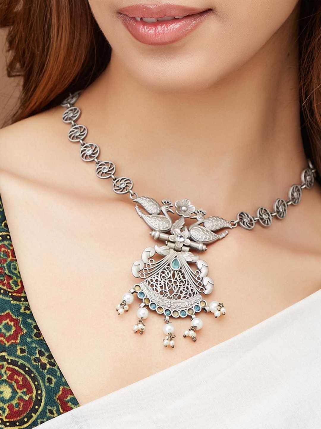 

Fabindia Stone-Studded & Beaded Necklace, Silver