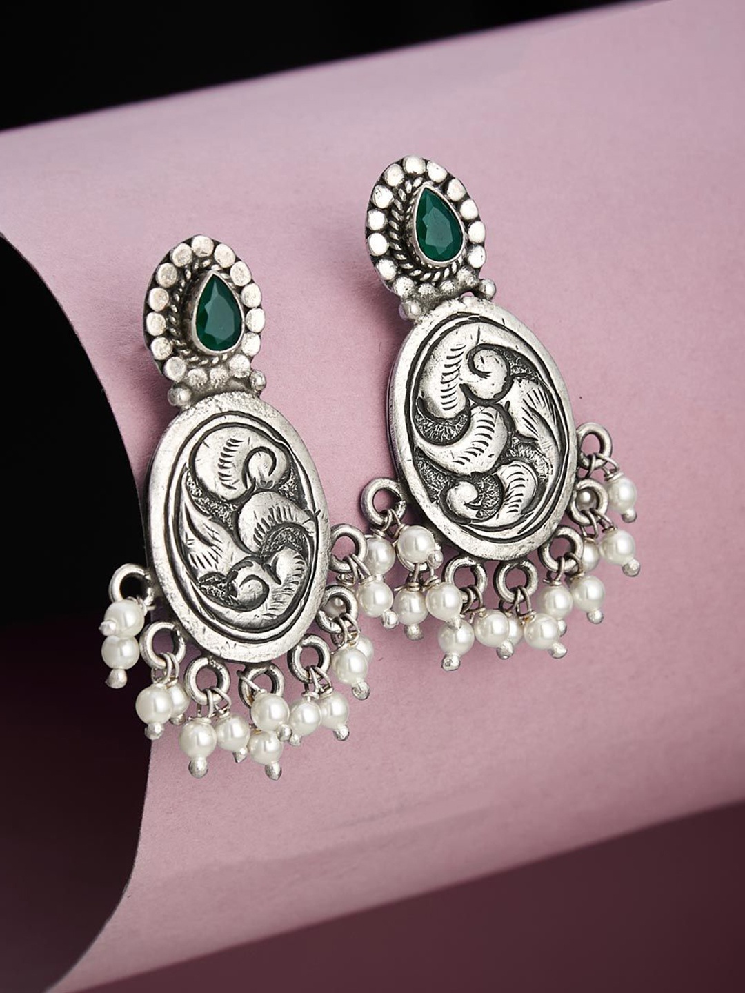

Fabindia Silver-Plated Stone Studded & Beaded Chandbalis
