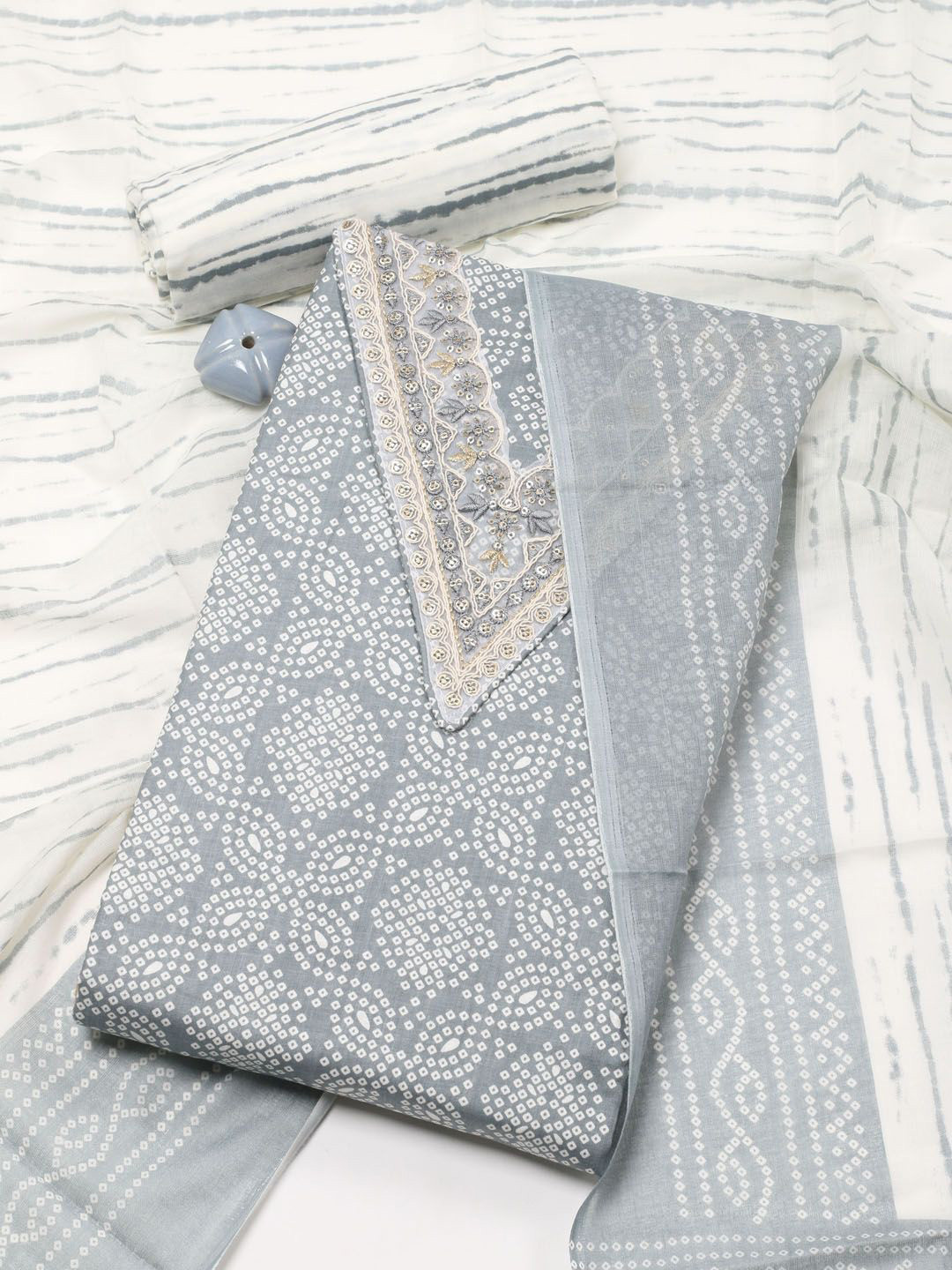 

Meena Bazaar Bandhani Printed Beads & Stones Unstitched Dress Material, Grey