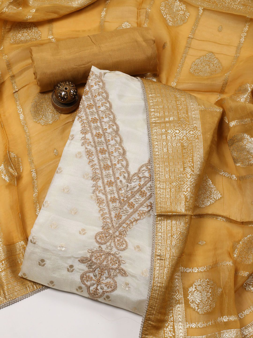 

Meena Bazaar Floral Woven Design Zari Unstitched Dress Material, Beige