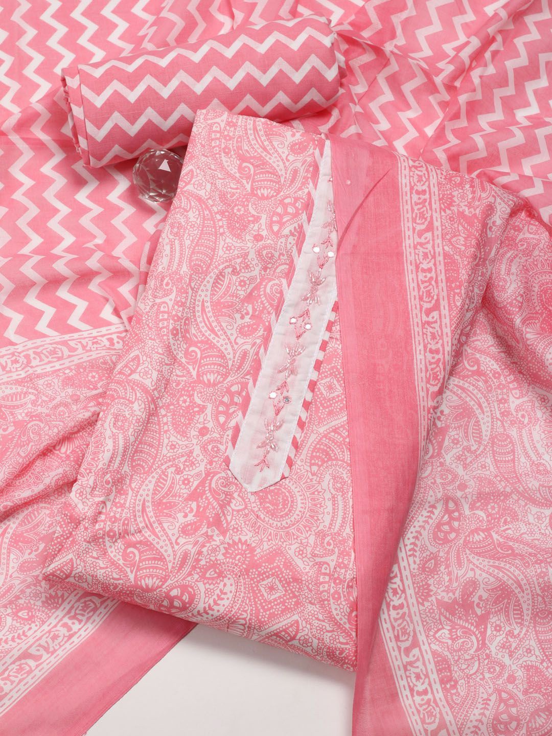 

Meena Bazaar Floral Printed Mirror Work Unstitched Dress Material, Pink