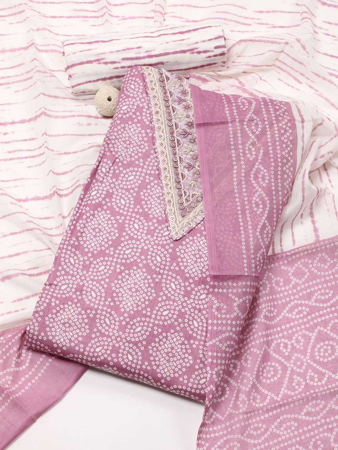 

Meena Bazaar Bandhani Printed Beads & Stones Unstitched Dress Material, Pink
