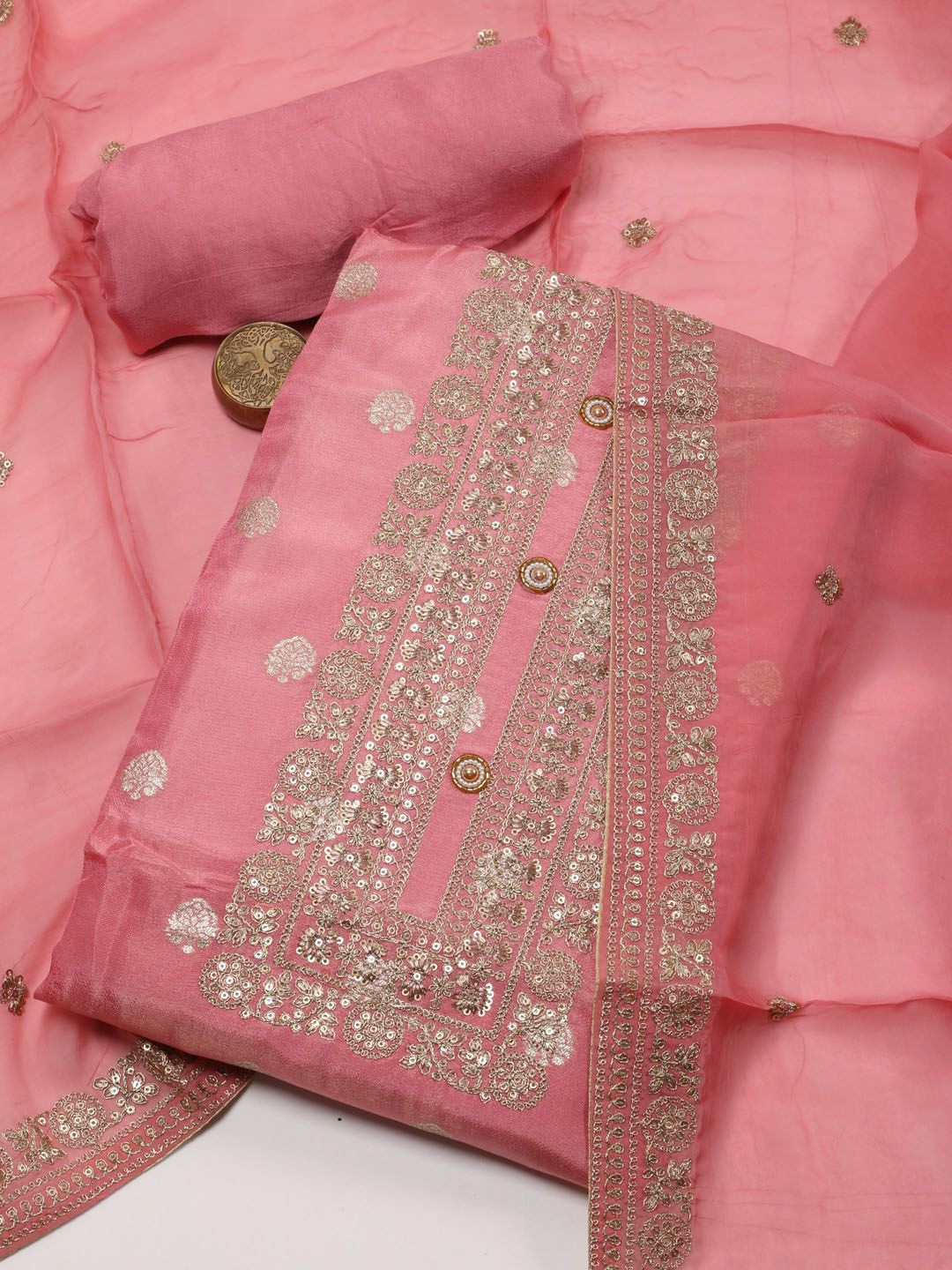 

Meena Bazaar Floral Embroidered Unstitched Dress Material, Pink