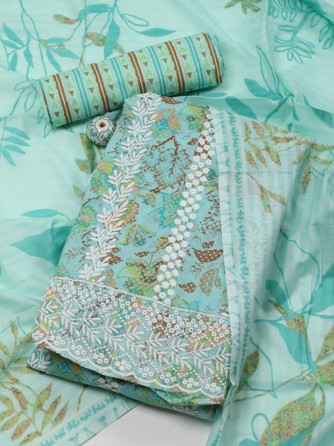 

Meena Bazaar Printed Unstitched Dress Material, Sea green