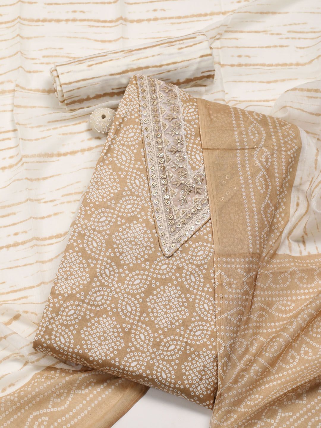 

Meena Bazaar Bandhani Printed Beads and Stones Unstitched Dress Material, Beige