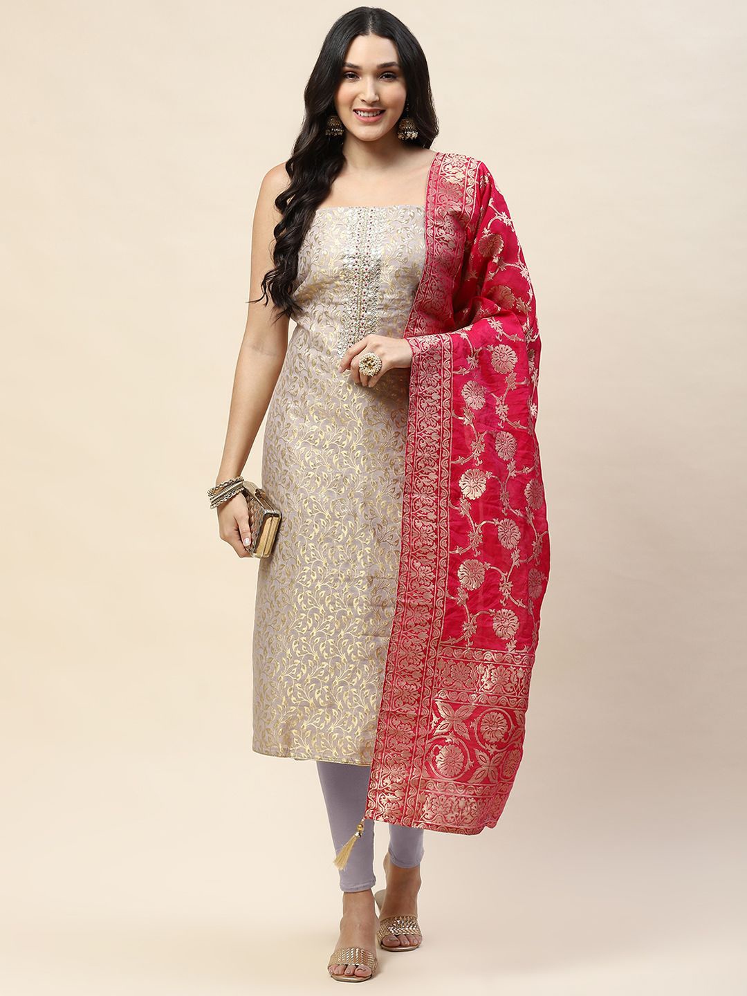 

Meena Bazaar Ethnic Motifs Woven Design Beads and Stones Unstitched Dress Material, Grey