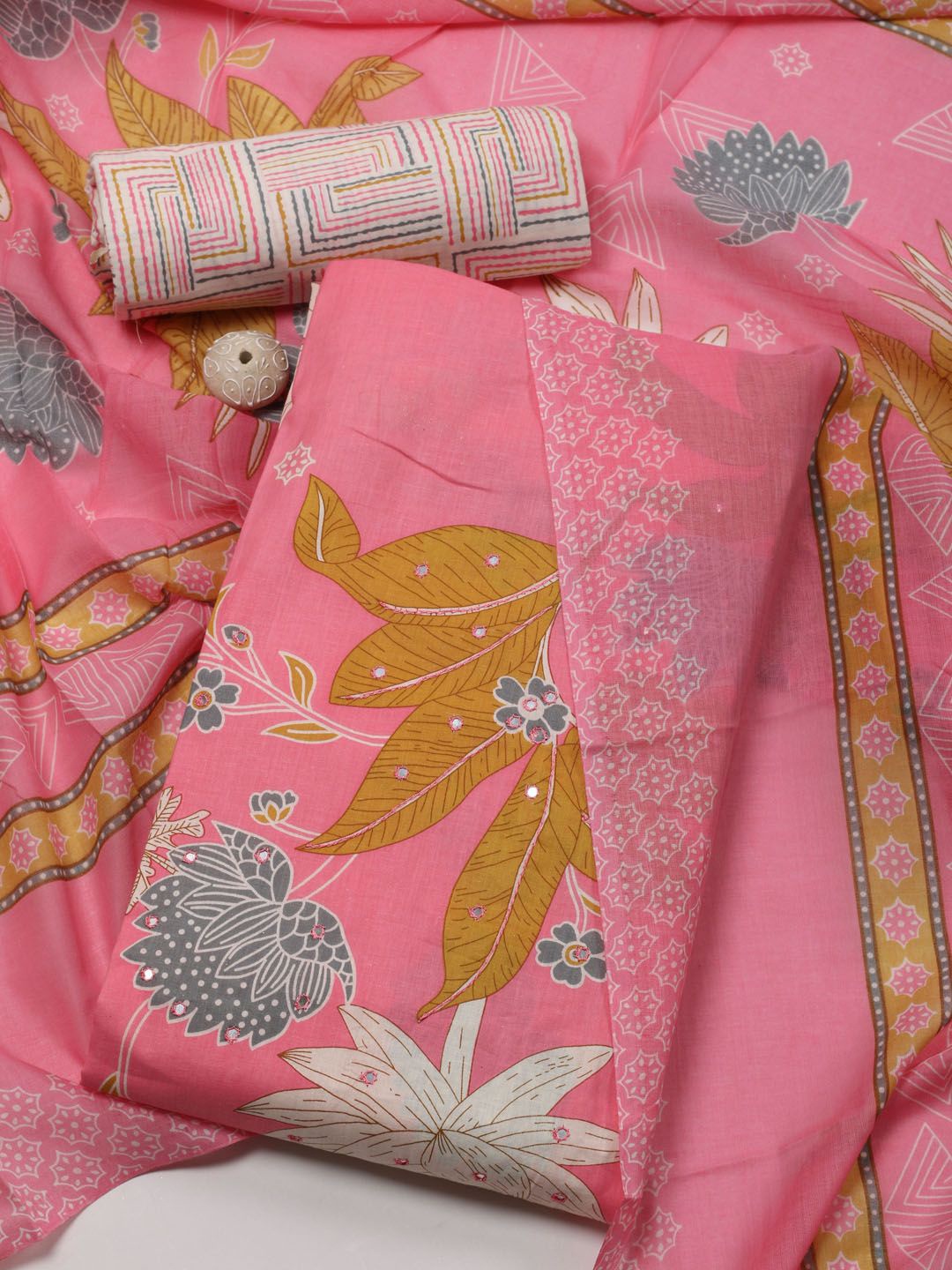 

Meena Bazaar Floral Printed Mirror Work Unstitched Dress Material, Pink