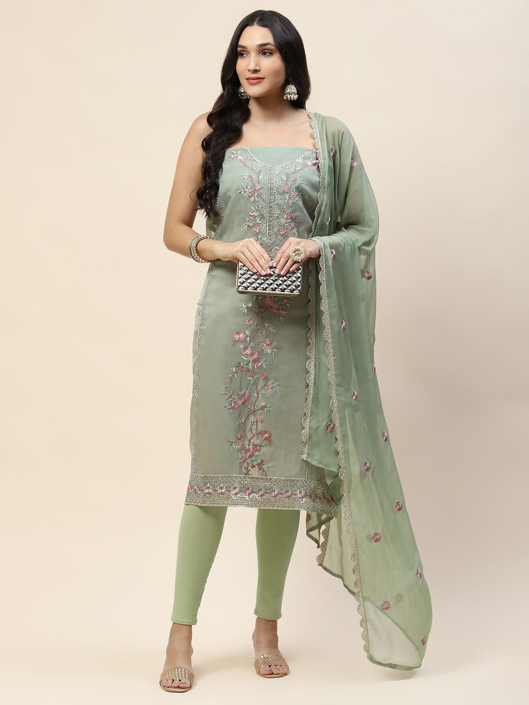 

Meena Bazaar Embroidered Organza Unstitched Dress Material, Green