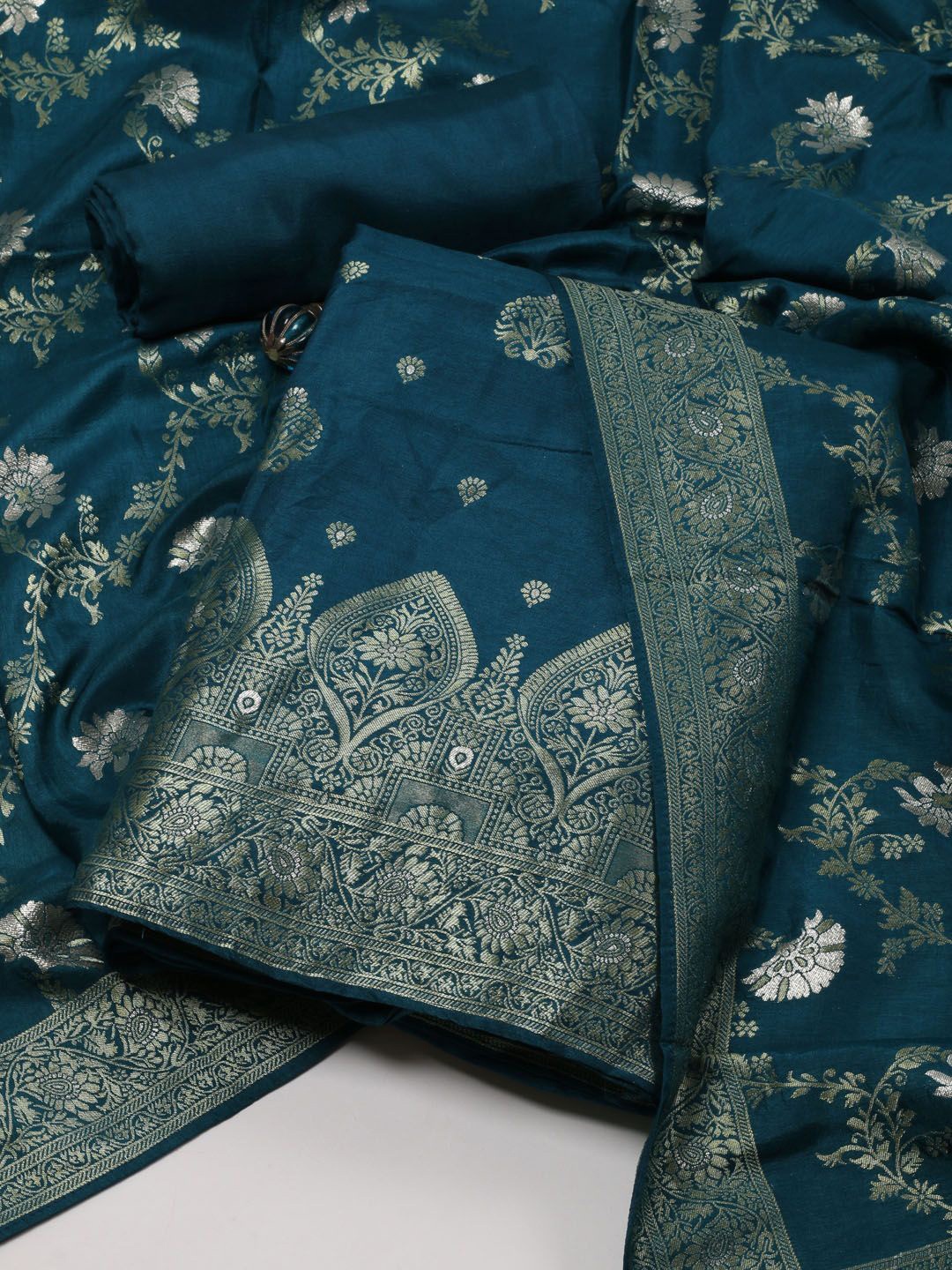

Meena Bazaar Floral Woven Design Unstitched Dress Material, Teal