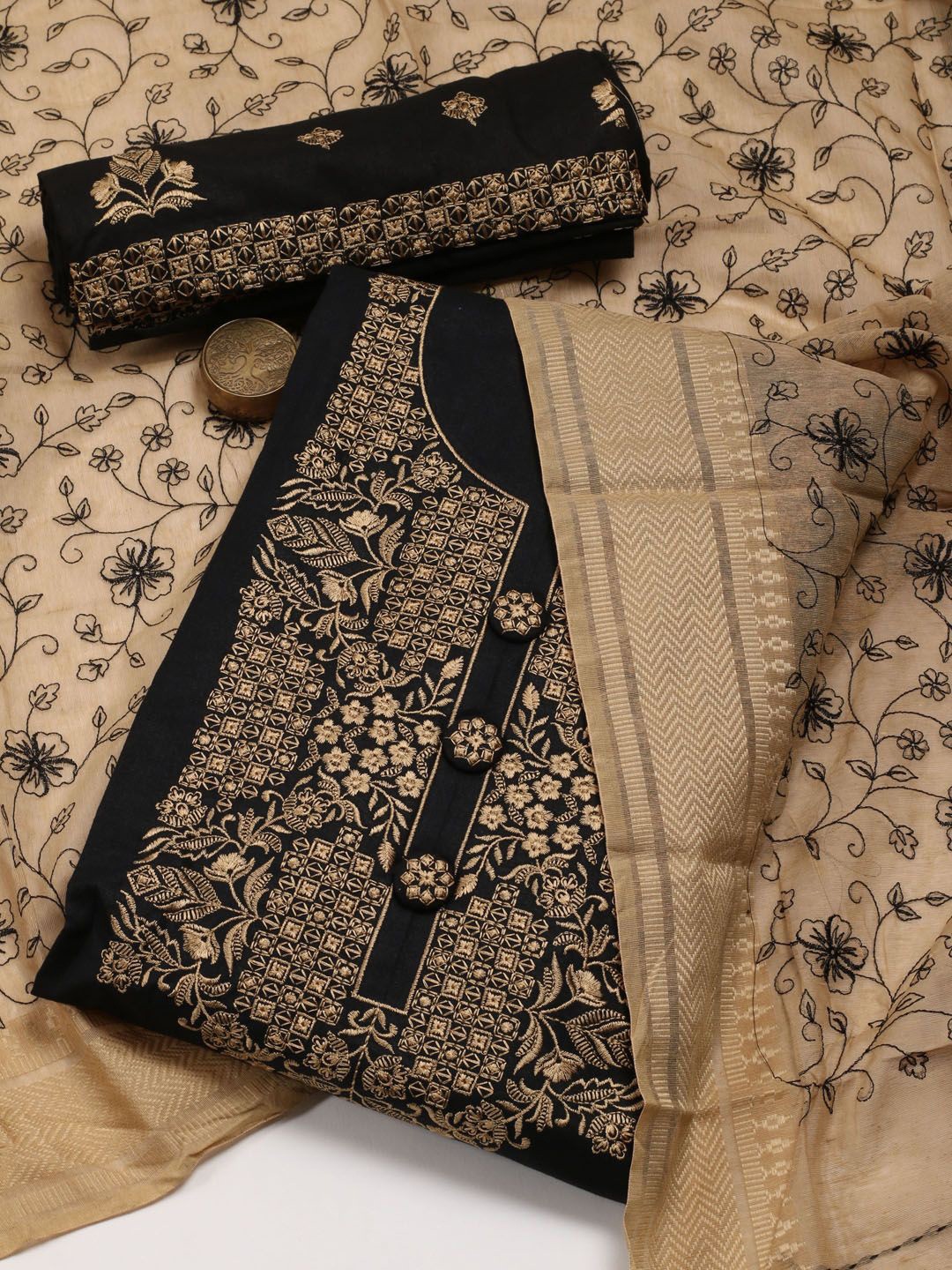 

Meena Bazaar Floral Embroidered Unstitched Dress Material, Black