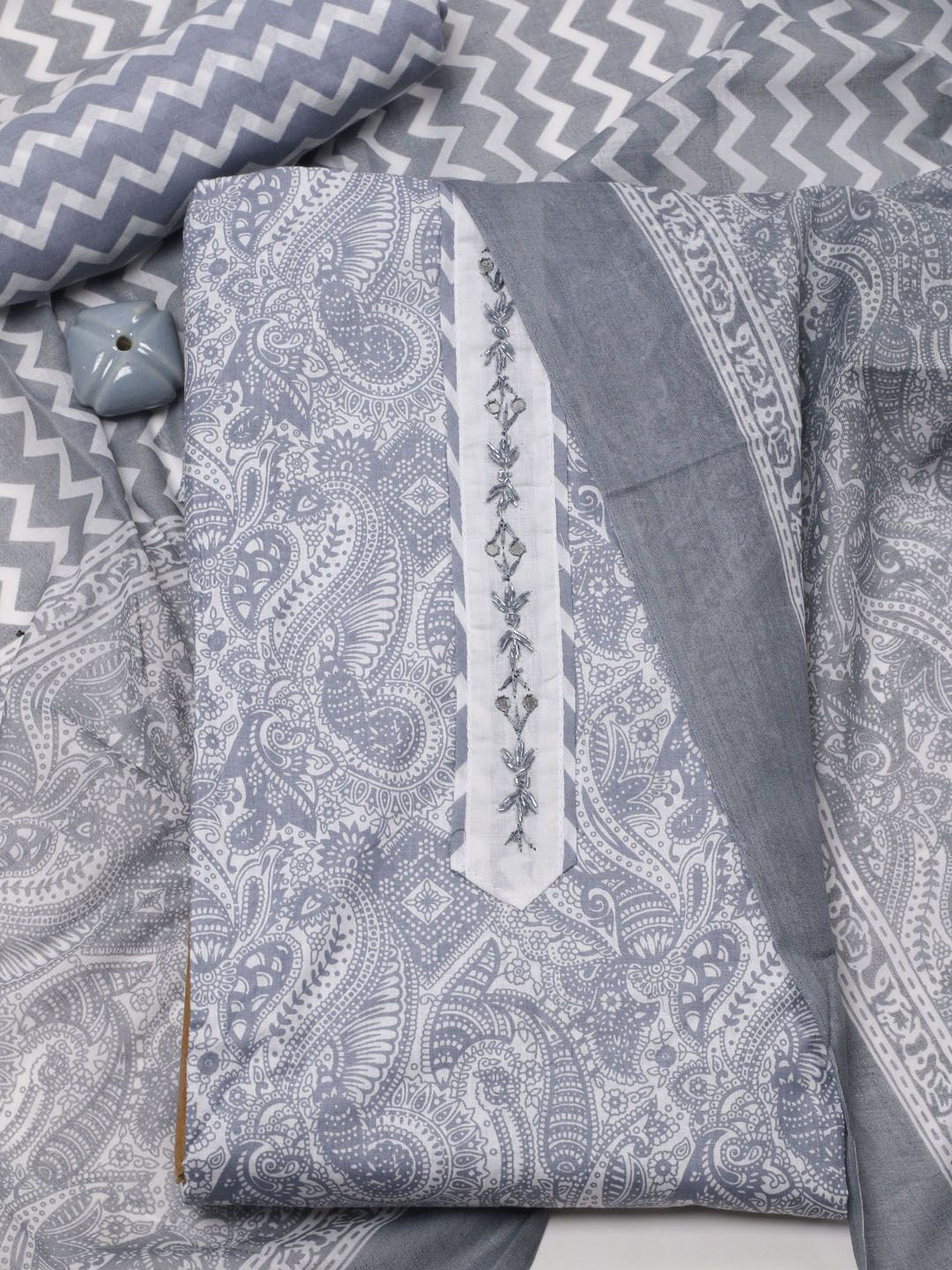 

Meena Bazaar Paisley Printed Unstitched Dress Material, Grey