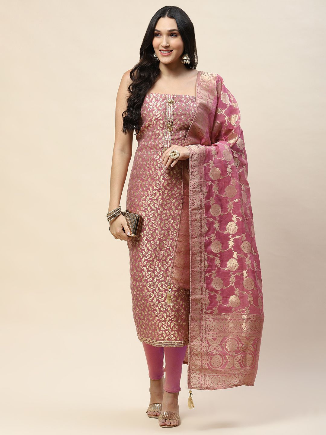 

Meena Bazaar Floral Woven Design Gotta Patti Unstitched Dress Material, Pink