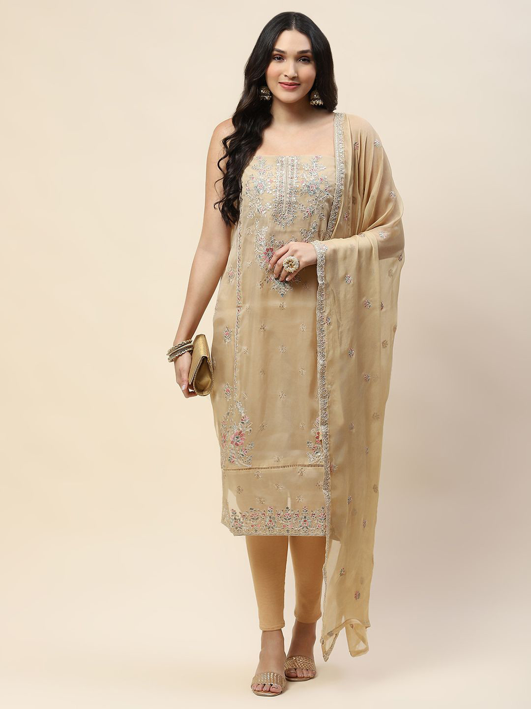

Meena Bazaar Floral Embroidered Sequinned Unstitched Dress Material, Beige