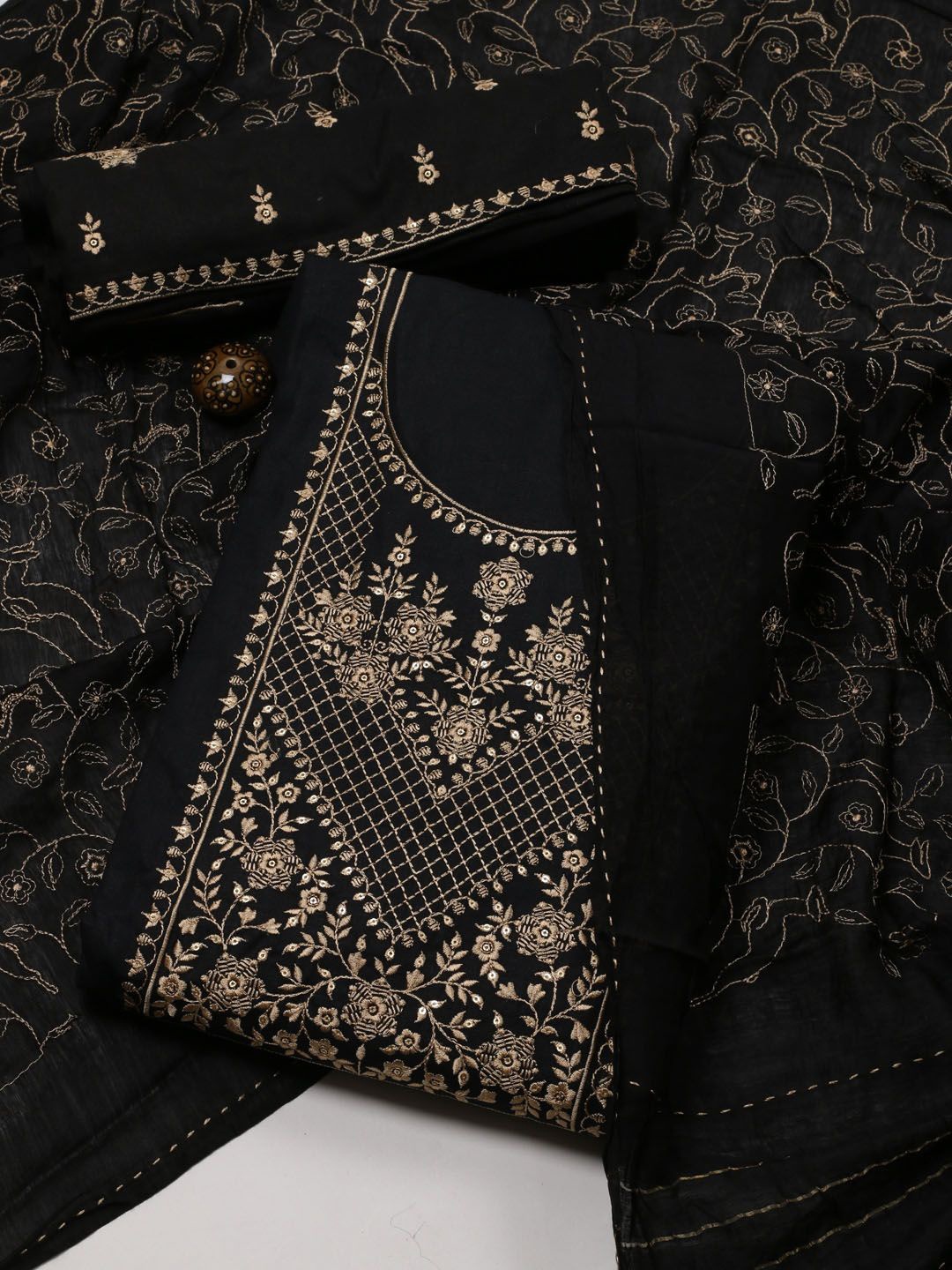 

Meena Bazaar Floral Embroidered Sequinned Unstitched Dress Material, Black