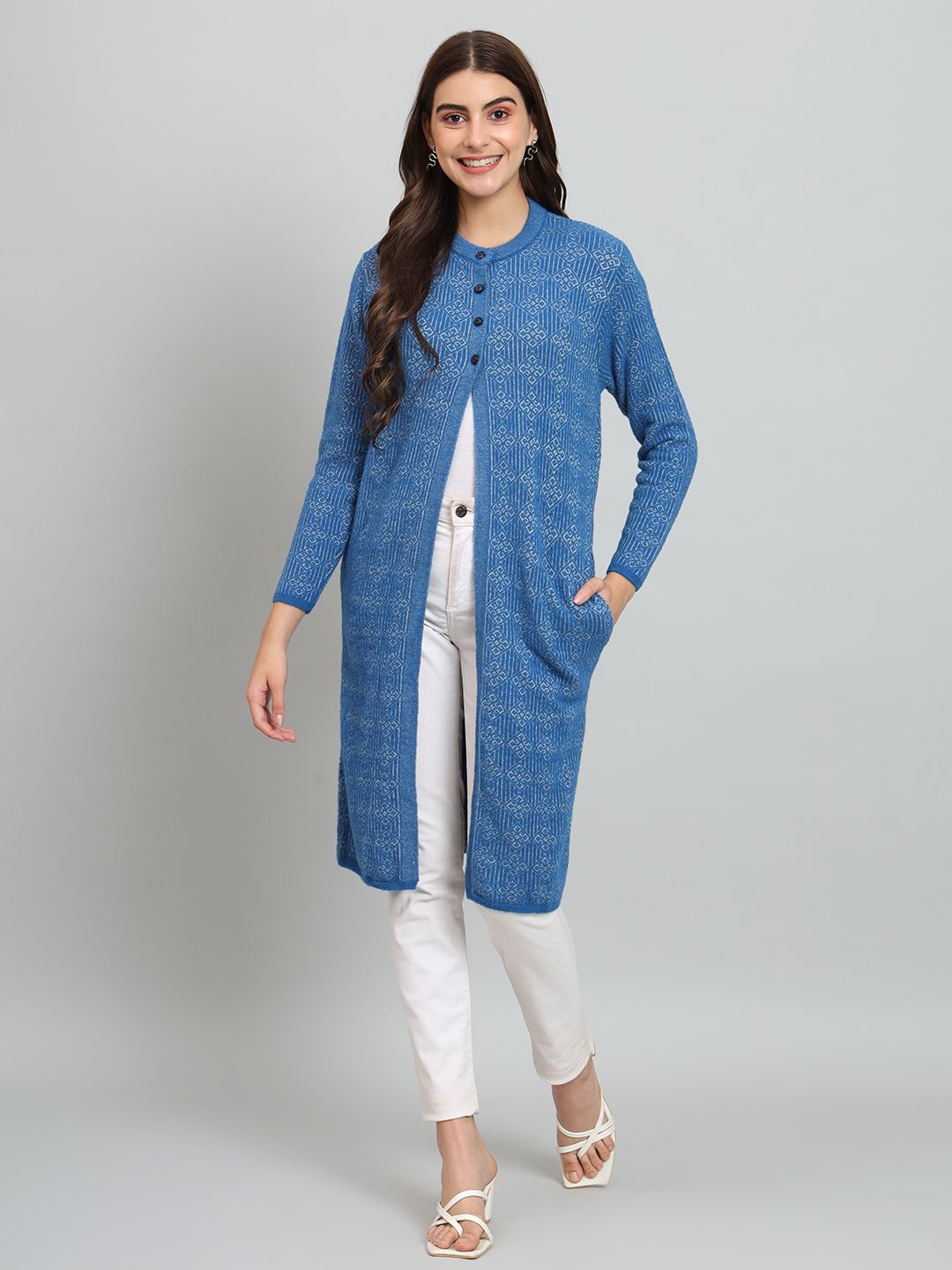 

Chemistry Women Woollen Longline Cardigan, Blue