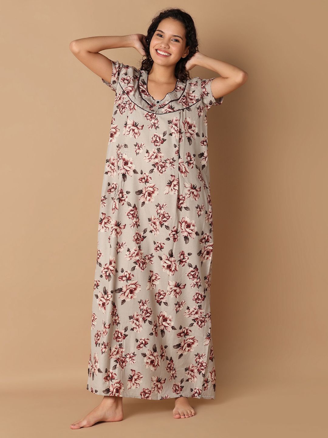 

V-Mart Floral Printed Pure Cotton Maxi Nightdress, Beige
