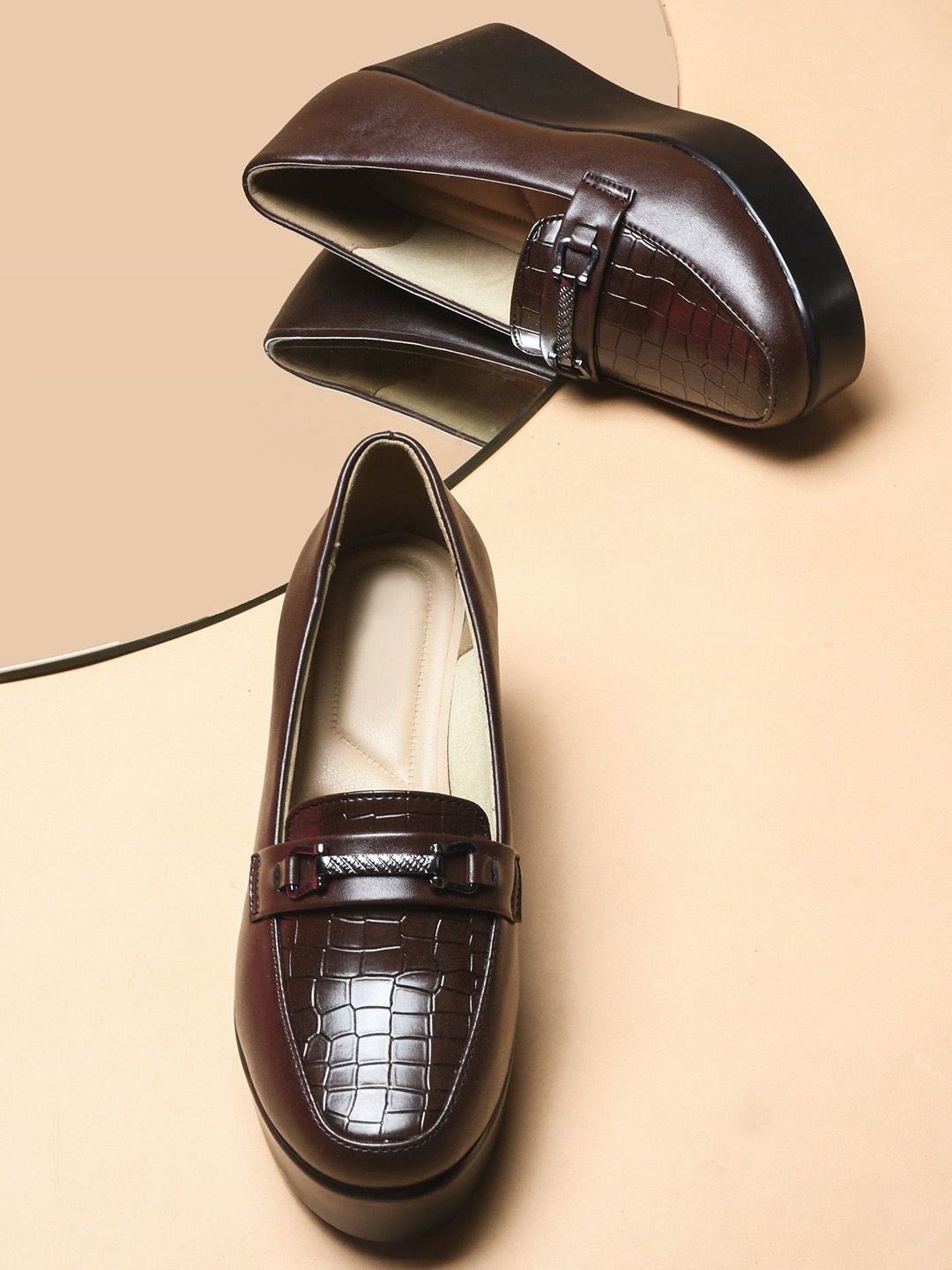 

THE WHITE POLE Wedge Mules with Buckles, Brown