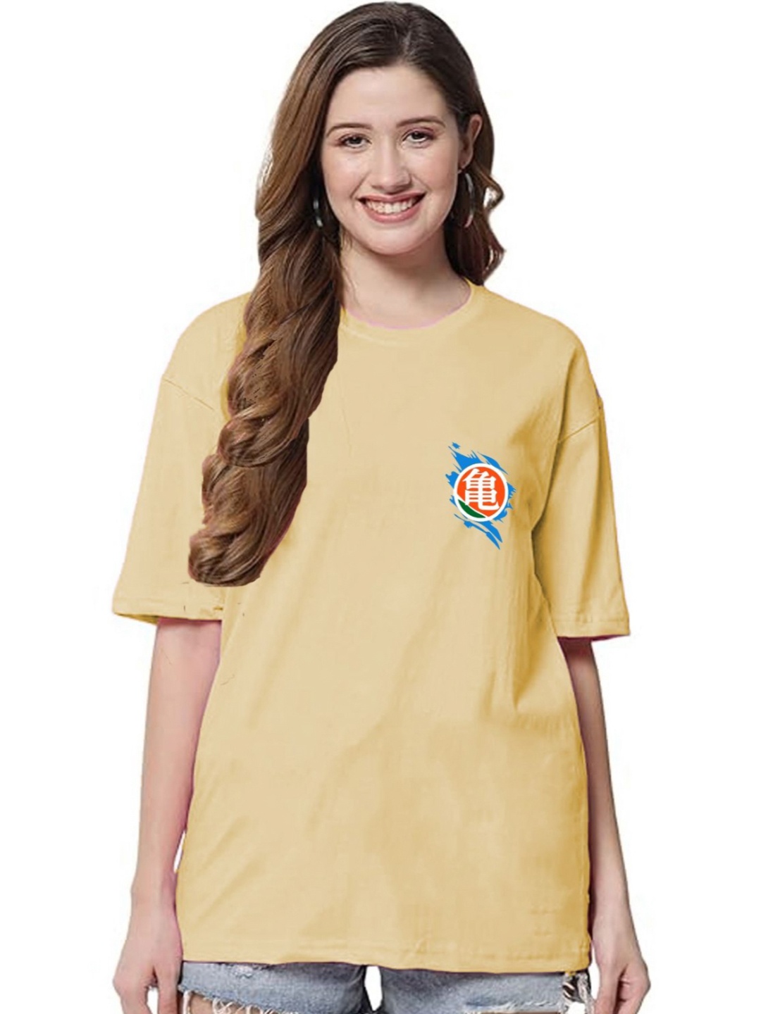 

CLAFOUTIS Women Graphic Printed Round Neck Oversized T-shirt, Yellow