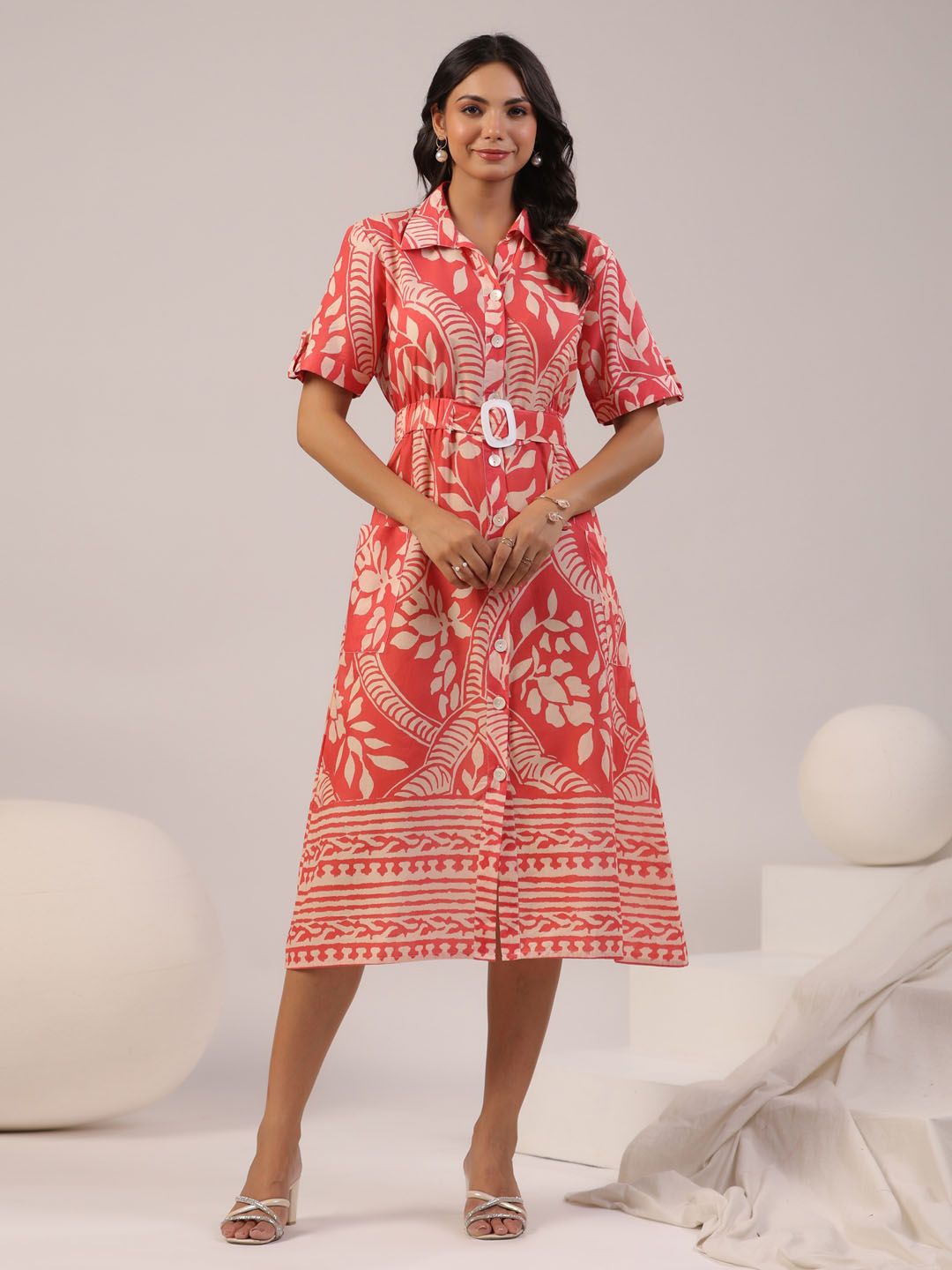 

Meena Bazaar Ethnic Motifs Print Shirt Midi Dress, Peach
