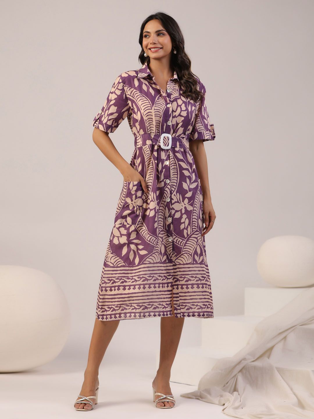 

Meena Bazaar Ethnic Motifs Printed Cotton A-Line Midi Dress, Purple