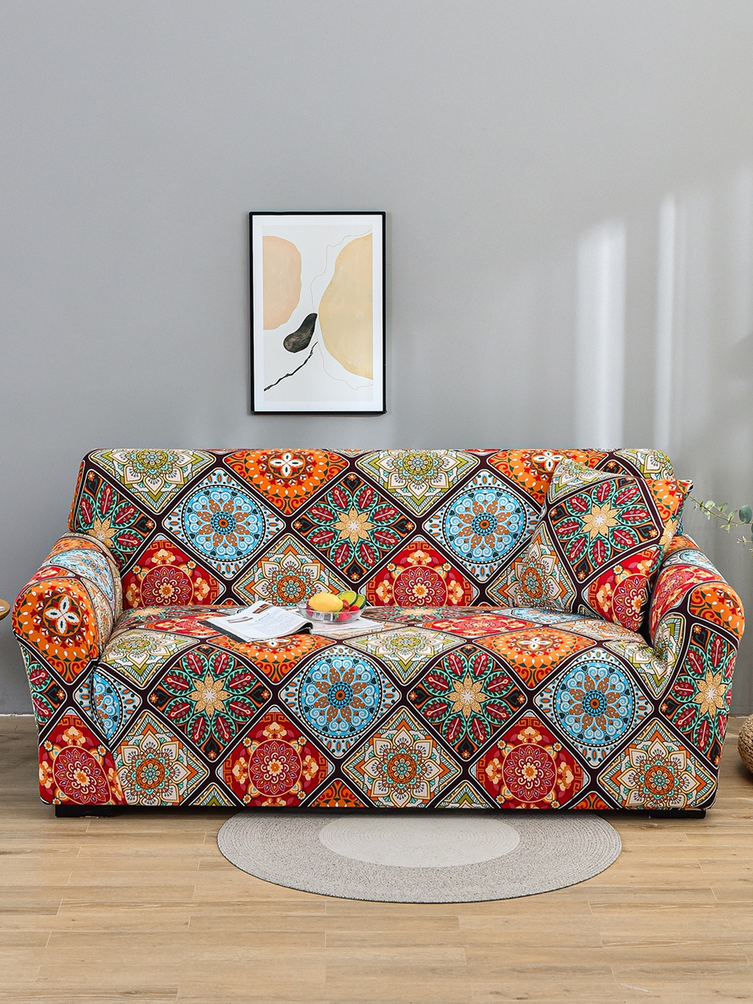 

Story@home Orange & Yellow Printed 3 Seater Stretchable Sofa Cover With Arms