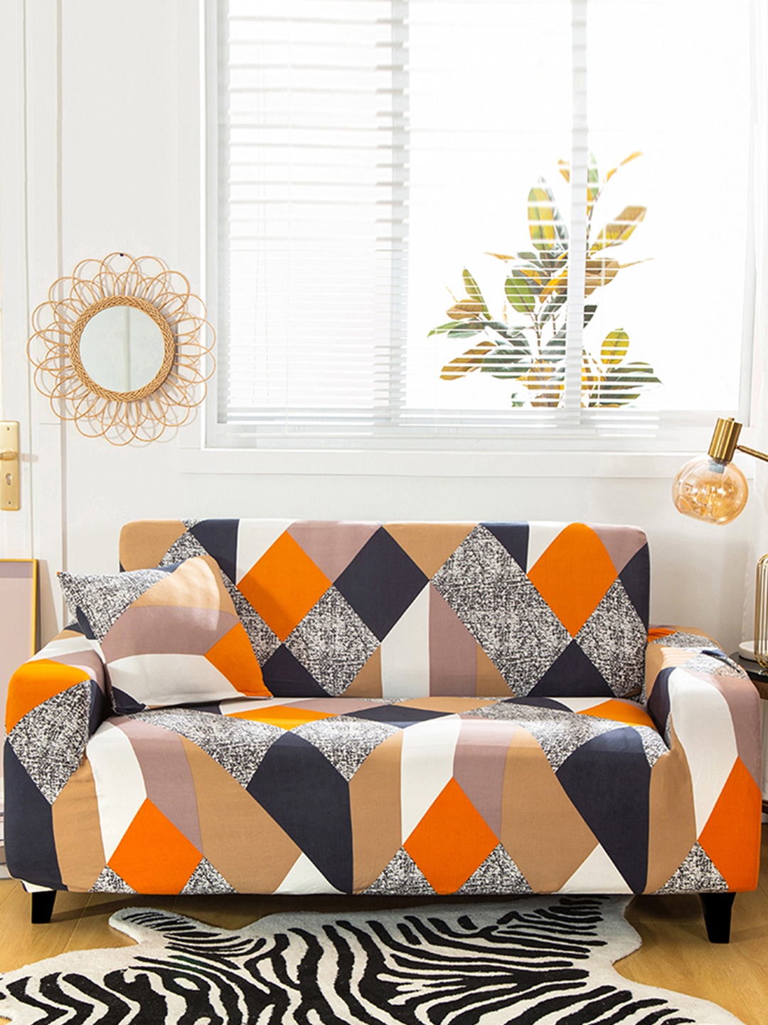 

Story@home Orange & Beige Printed 4 Seater Stretchable Sofa Cover With Arms