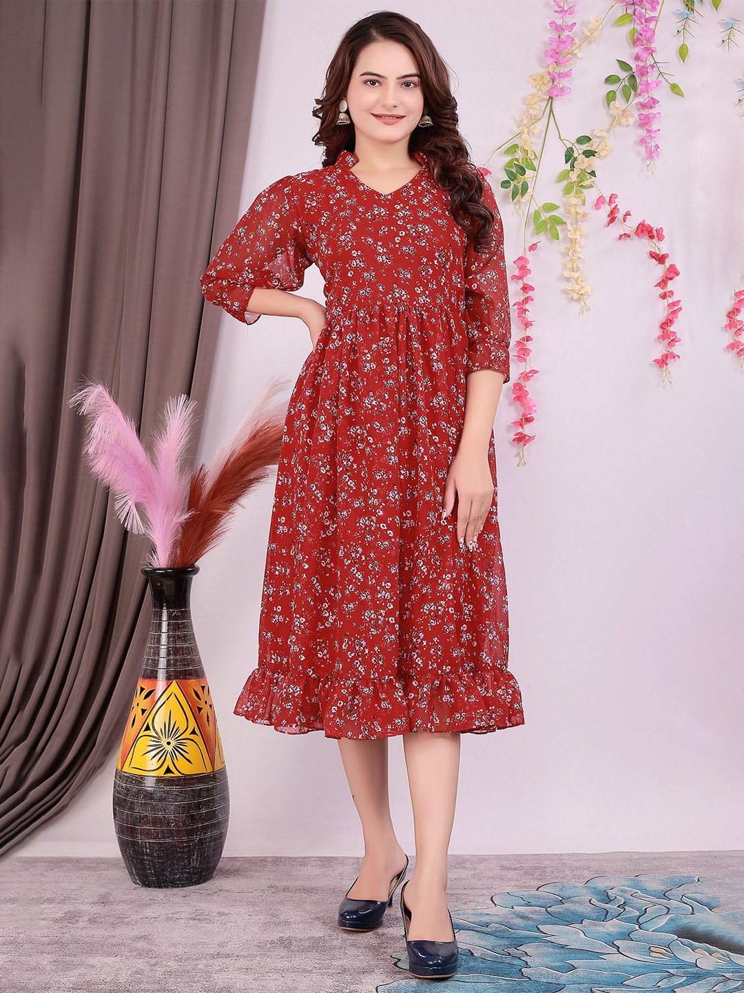 

BAESD Floral Print Fit & Flare Midi Dress, Red