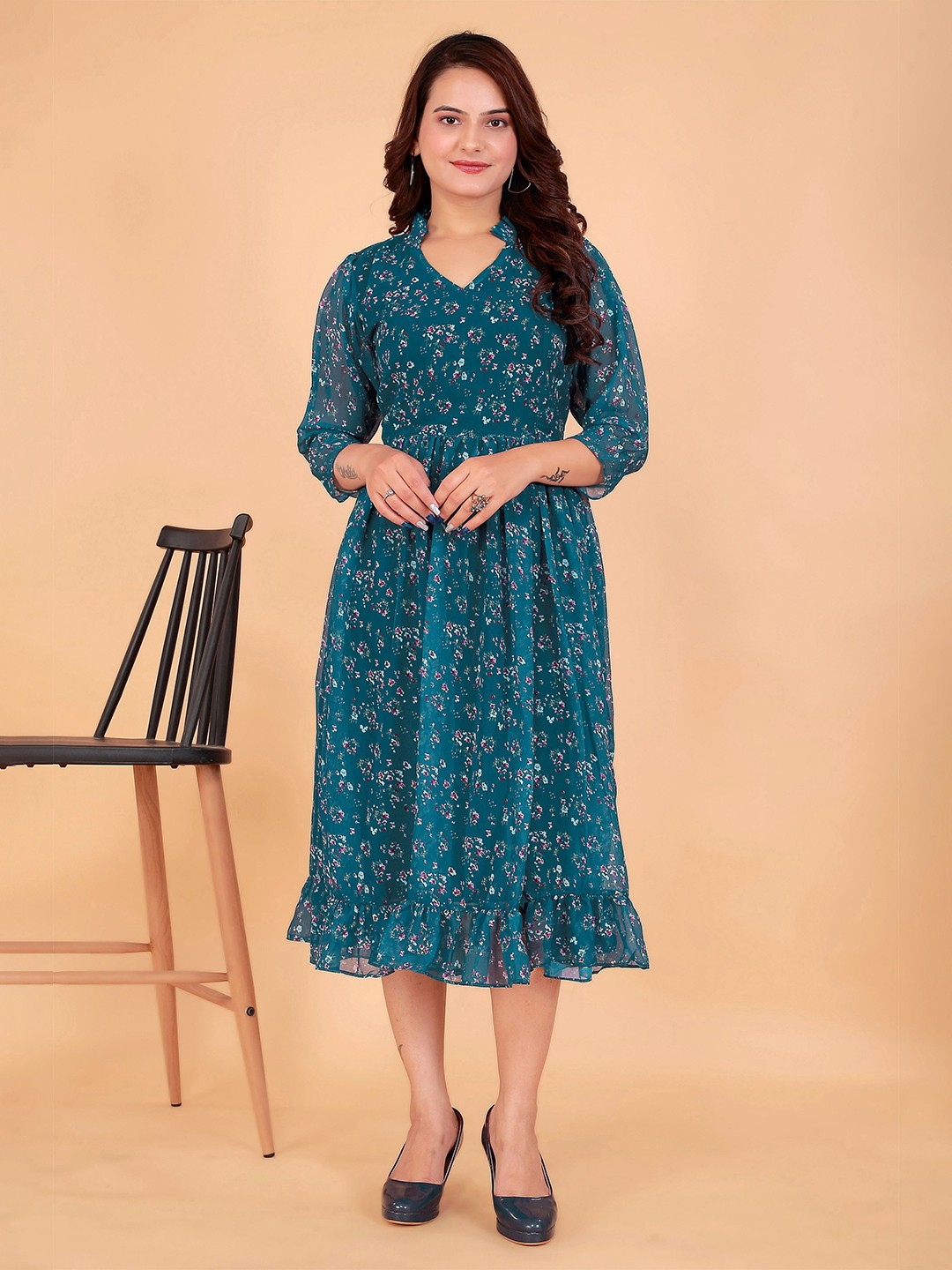 

BAESD Women Floral Print Georgette Fit & Flare Midi Dress, Teal