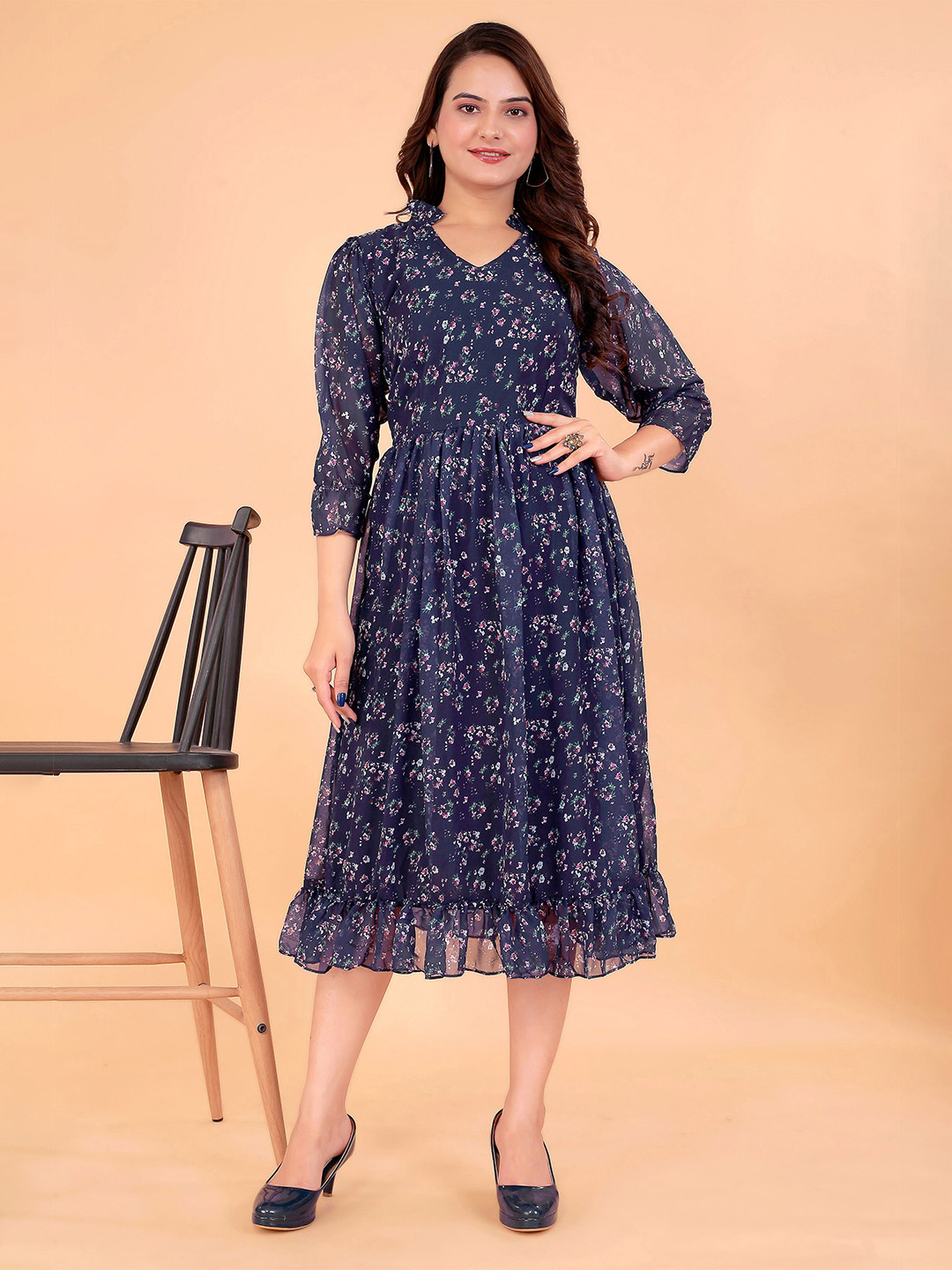 

BAESD Women Floral Print Georgette Fit & Flare Dress, Blue