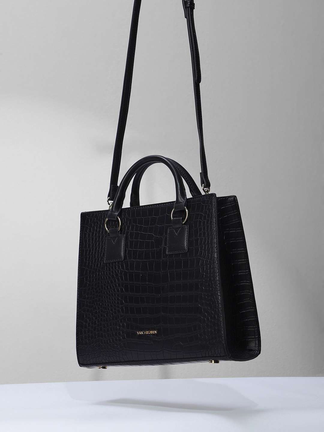 

Van Heusen Woman Animal Textured PU Structured Handheld Bag with Cut Work, Black