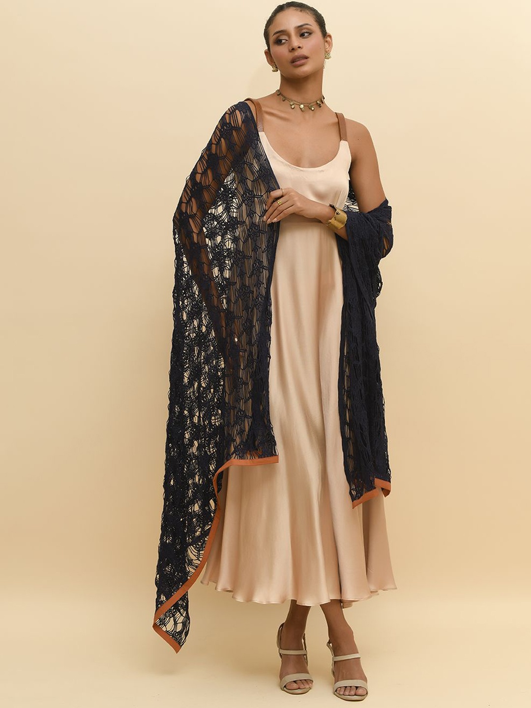

R.Y by Rishi and Vibhuti Shoulder Straps Panelled Crepe Anarkali Kurta With Dupatta, Beige