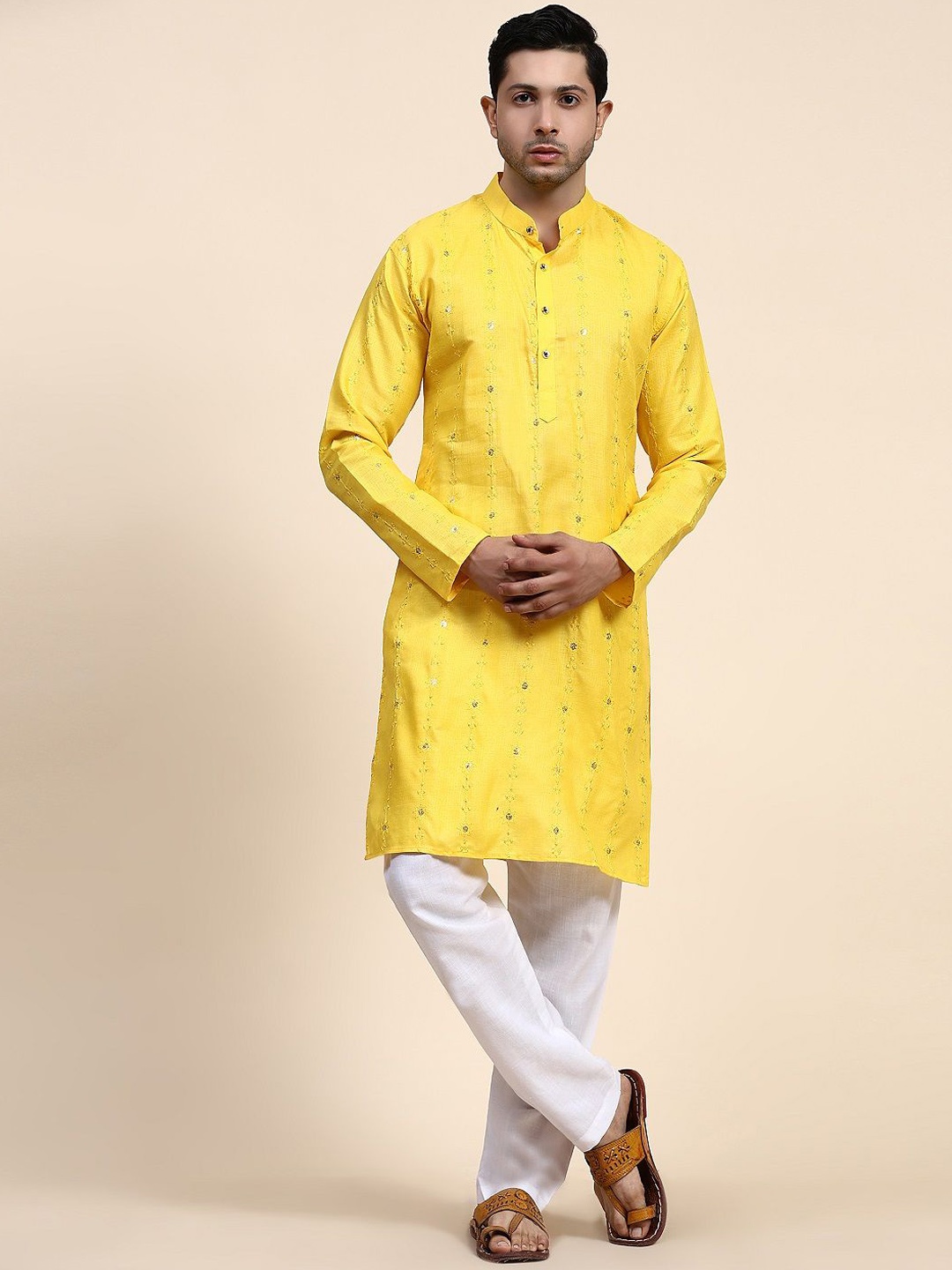 

ORUS Floral Embroidered Mandarin Collar Sequinned Kurta with Pyjamas, Yellow