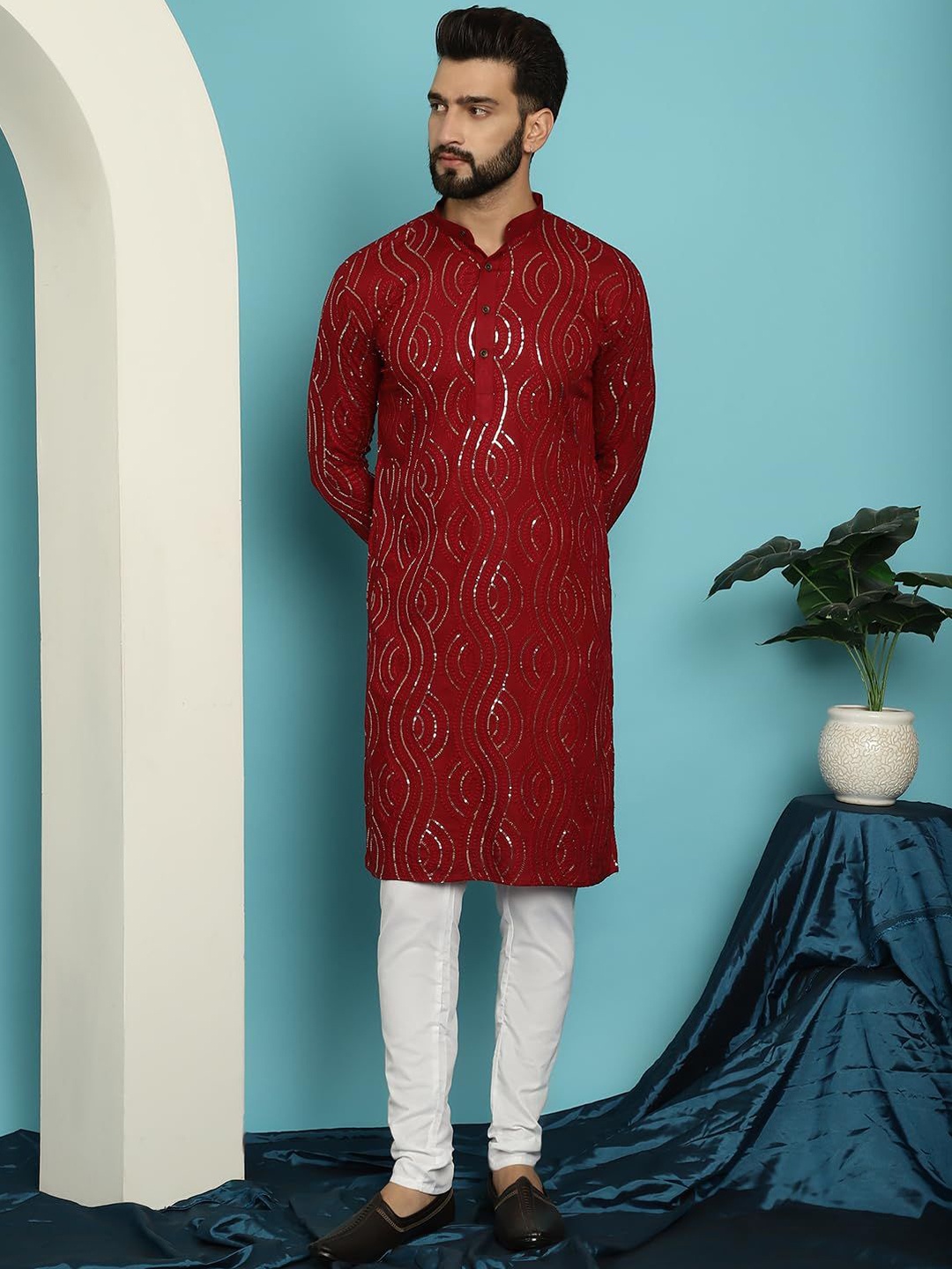 

ORUS Mandarin Collar Embroidered Regular Sequinned Kurta with Pyjamas, Maroon