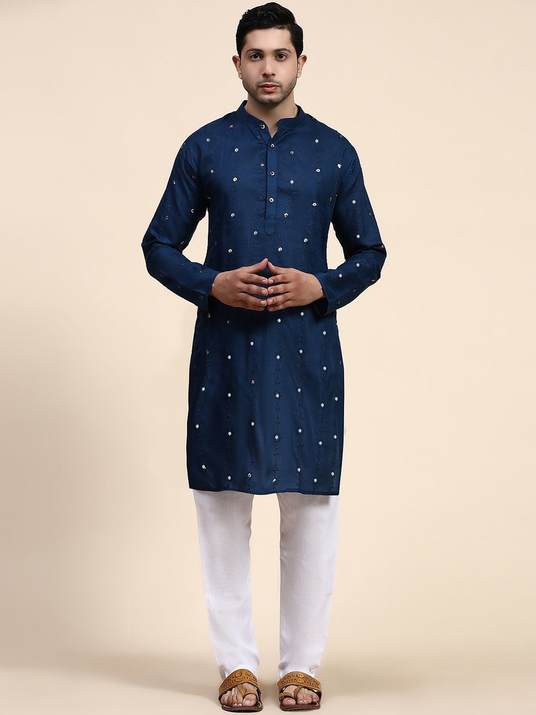 

ORUS Mandarin Collar Floral Embroidered Regular Sequinned Kurta with Pyjamas, Teal