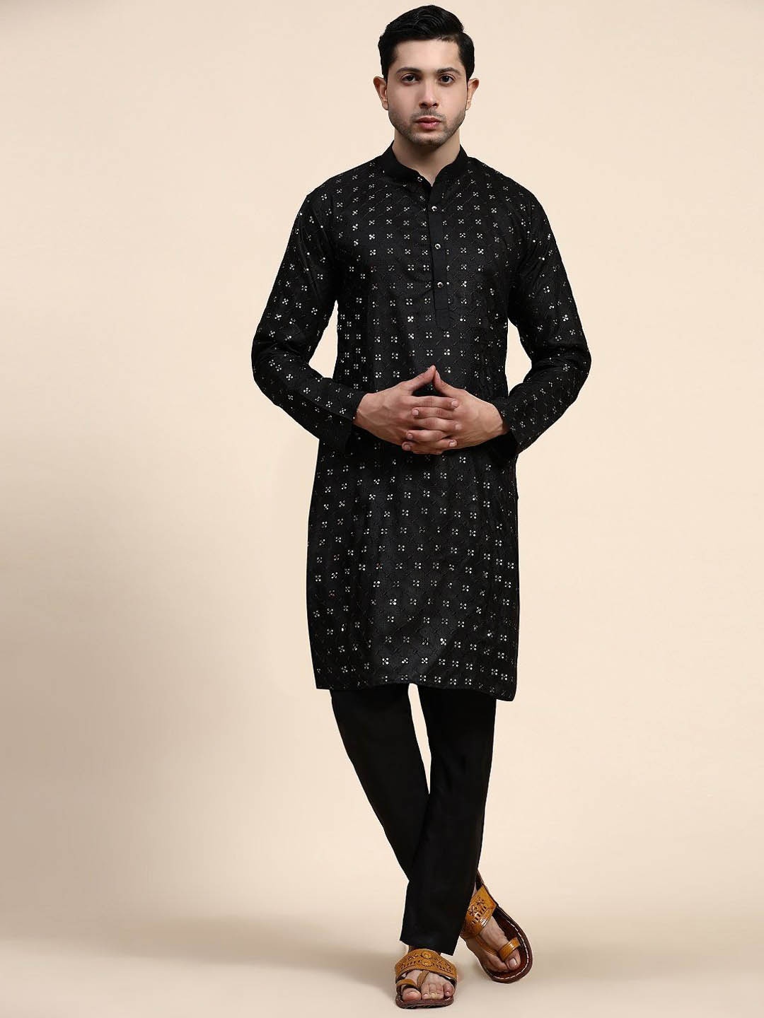 

ORUS Mandarin Collar Embroidered Regular Sequinned Kurta with Pyjamas, Black