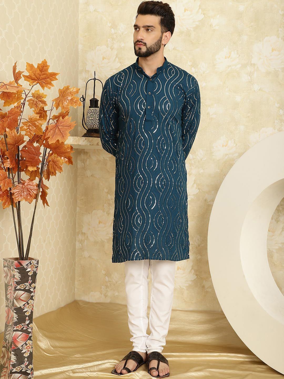 

ORUS Mandarin Collar Embroidered Regular Sequinned Kurta with Pyjamas, Teal