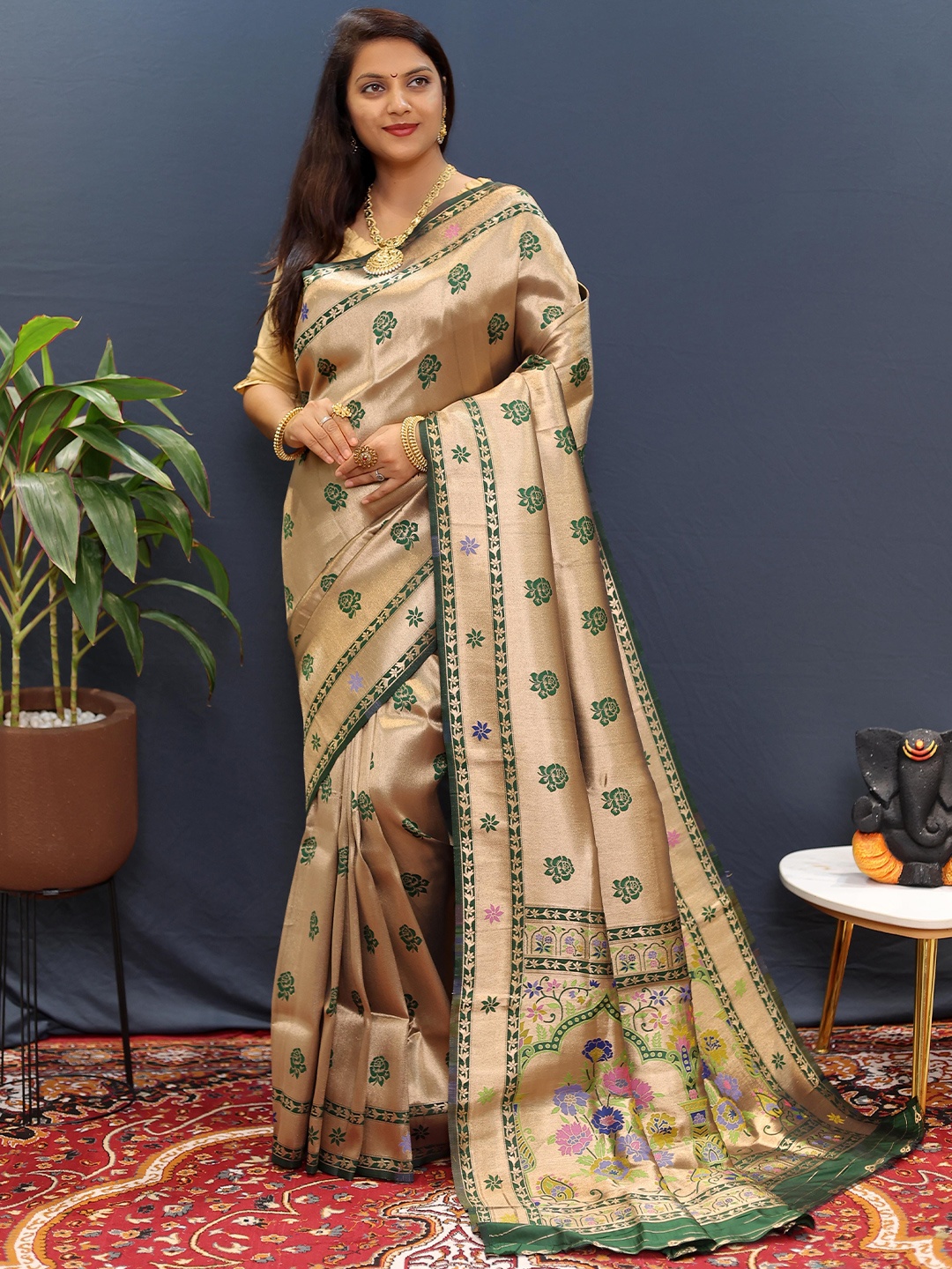 

Mitera Ethnic Motifs Zari Paithani Saree, Green