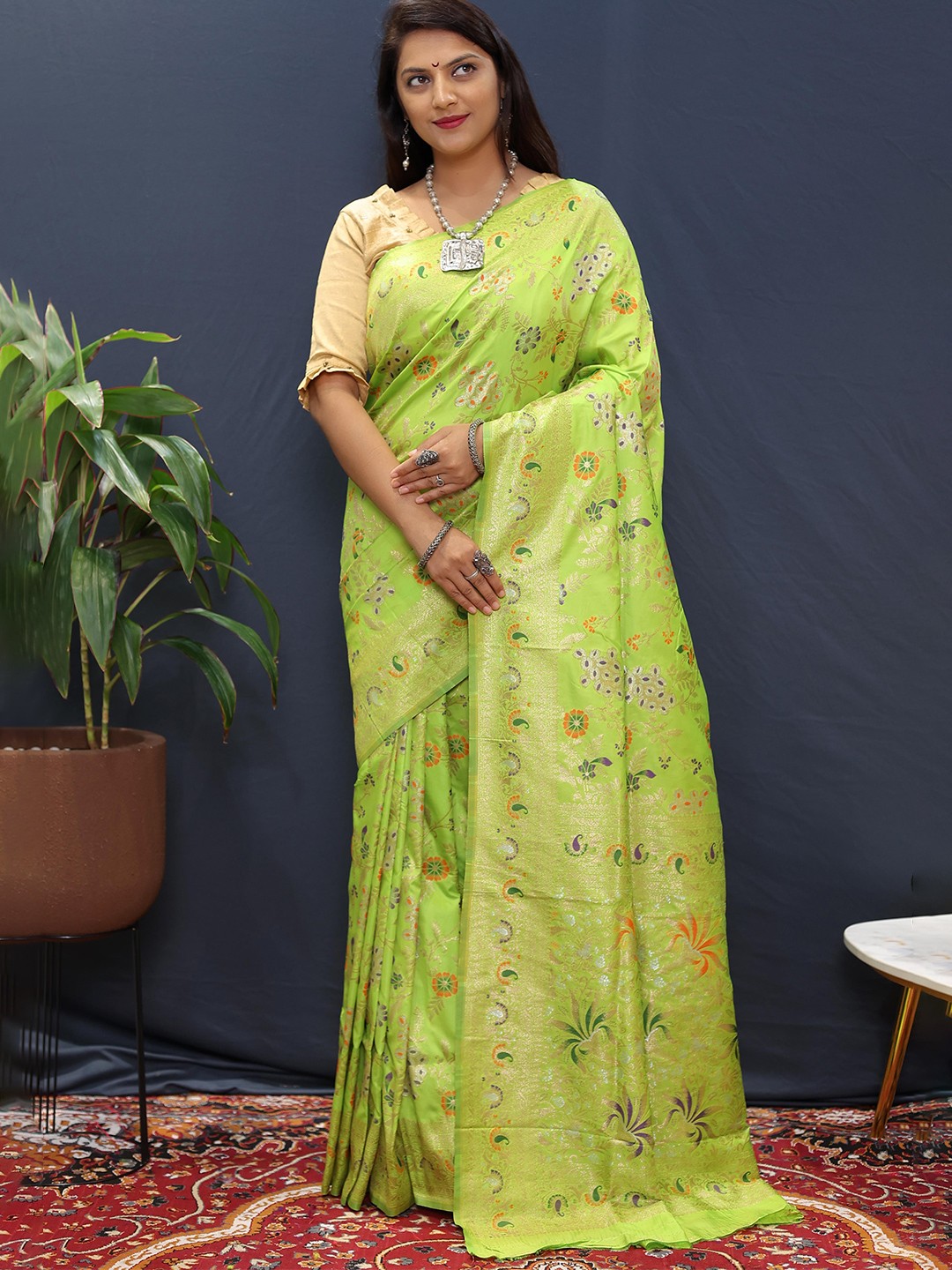

Mitera Woven Design Zari Paithani Saree, Lime green