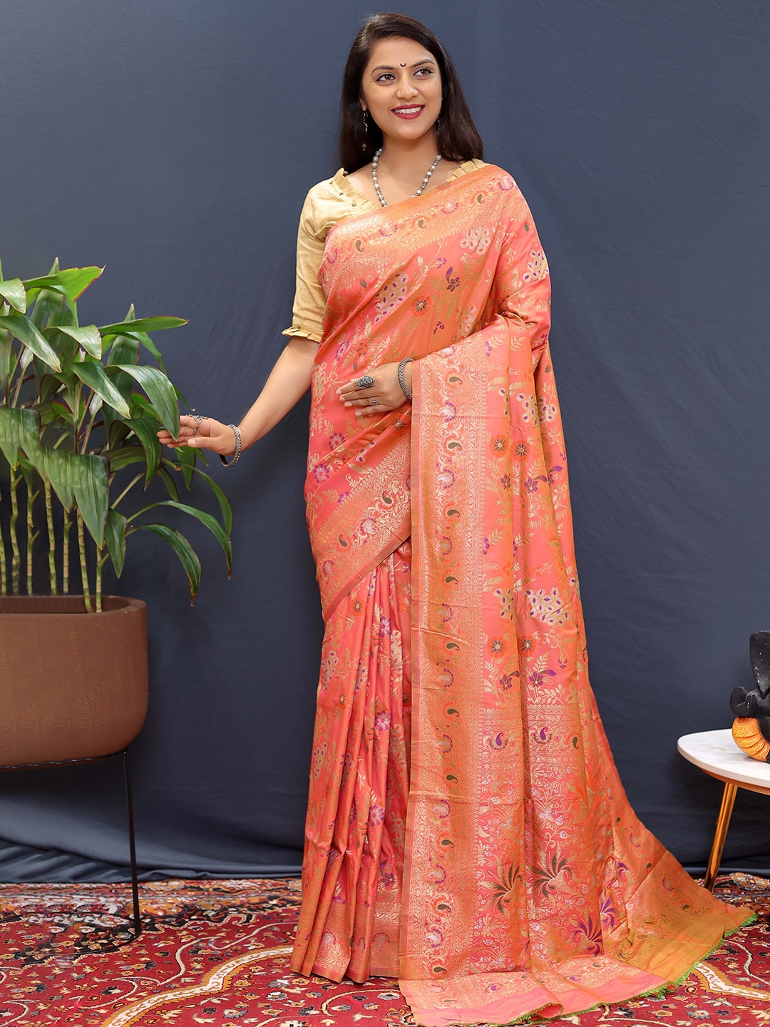 

Mitera Woven Design Zari Paithani Saree, Peach