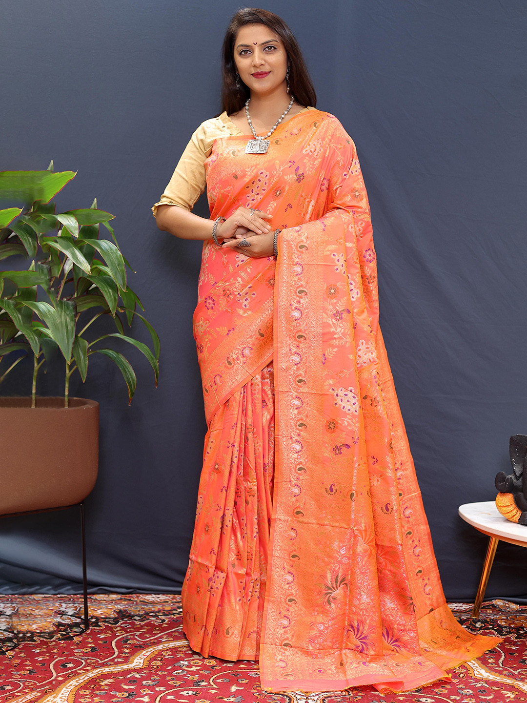 

Mitera Woven Design Zari Paithani Saree, Orange