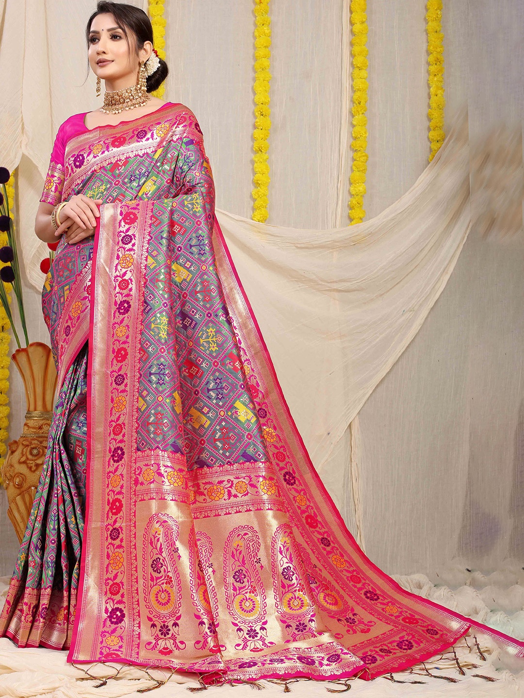 

Mitera Woven Design Zari Patola Saree, Grey