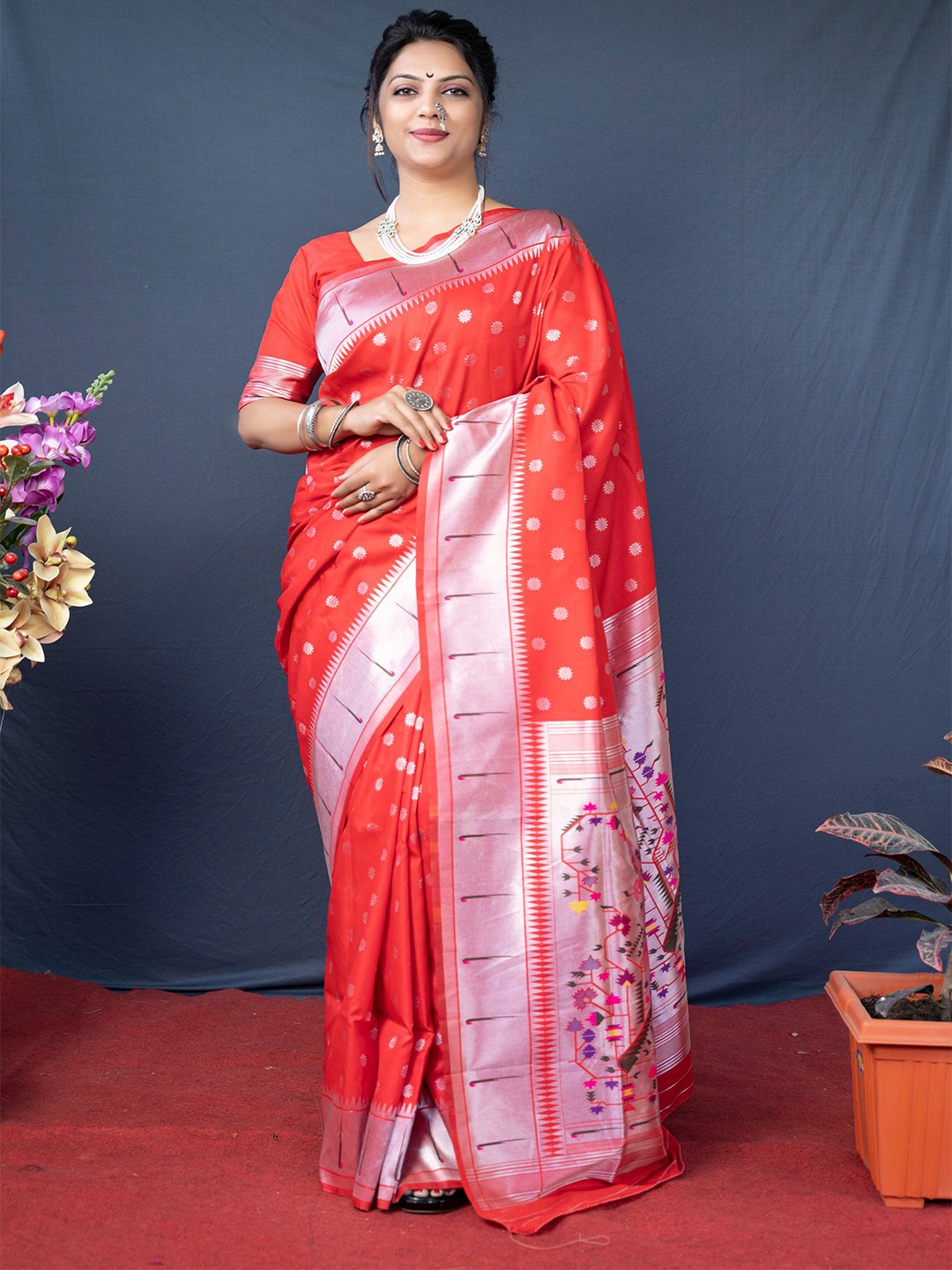 

Mitera Woven Design Zari Silk Paithani Saree, Red