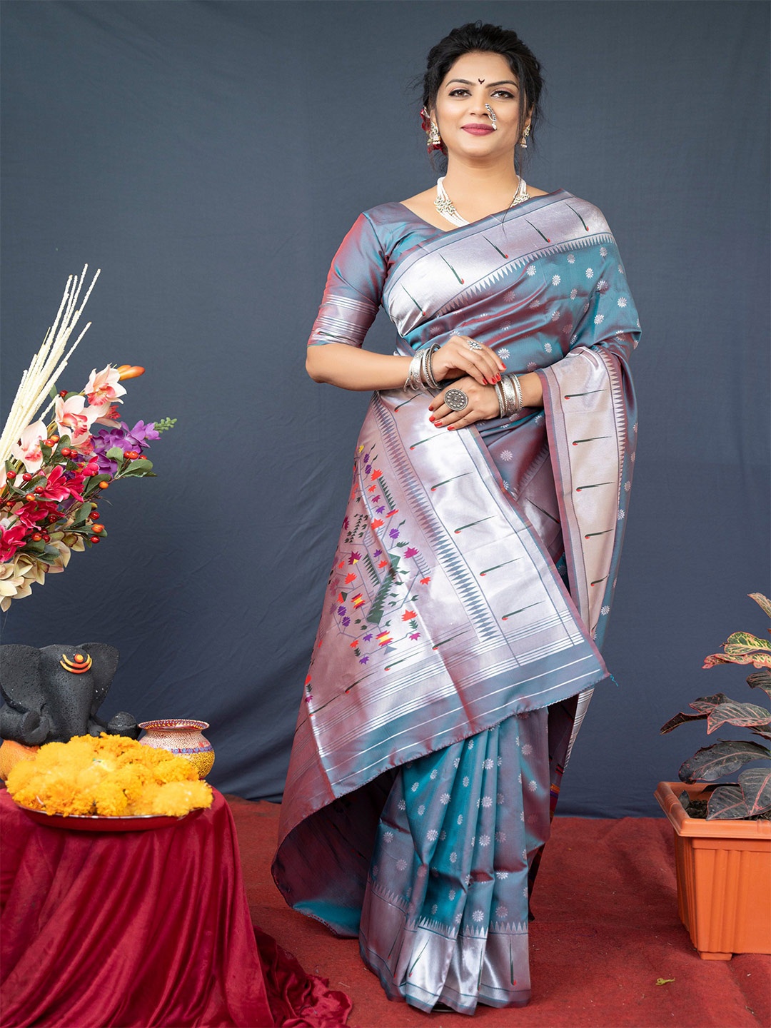

Mitera Ethnic Motif Zari Woven Paithani Saree, Turquoise blue