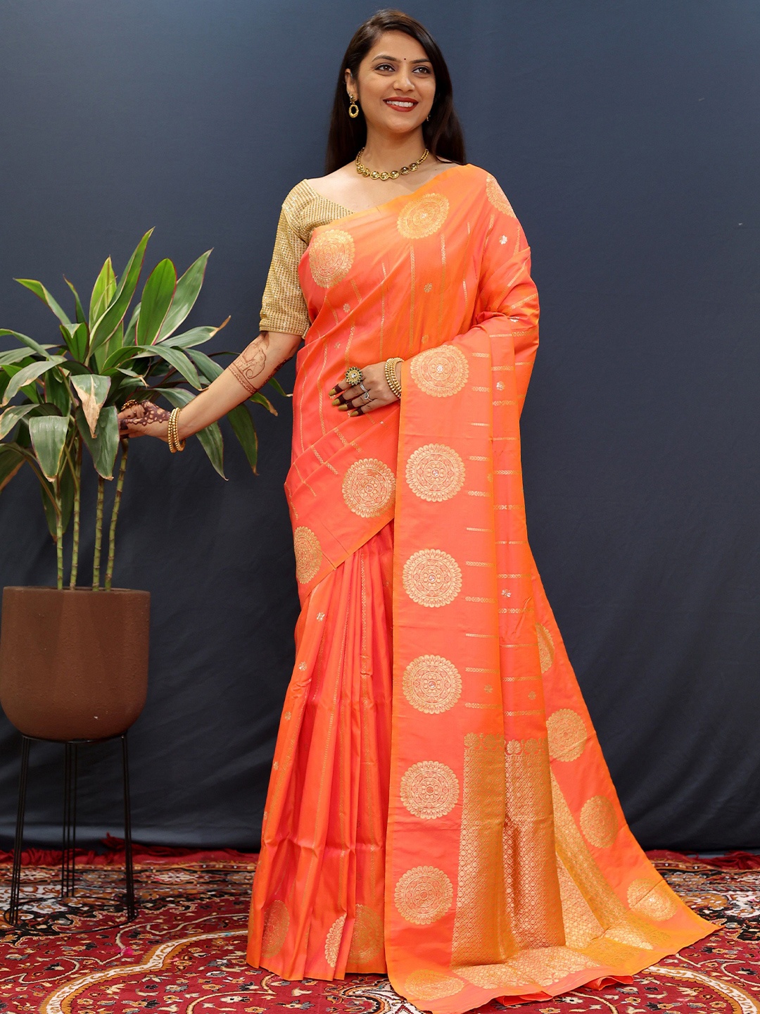 

Mitera Embellished Zari Kanjeevaram Saree, Orange