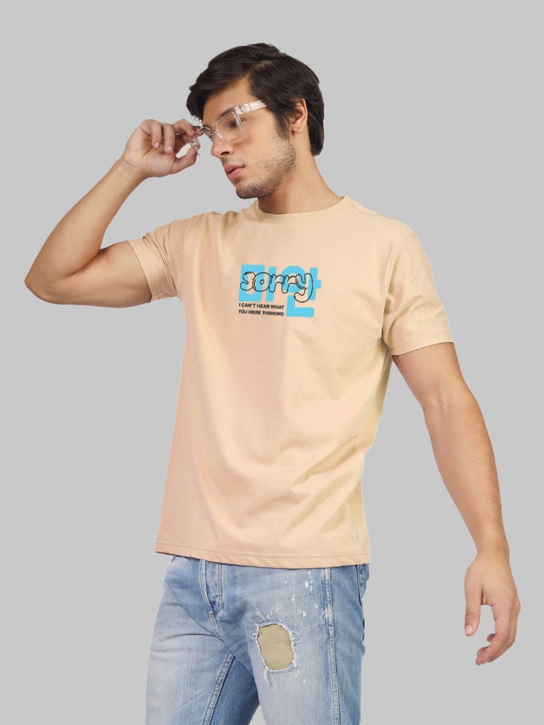 Greylongg Men Graphic Printed Round Neck T-shirt, Beige