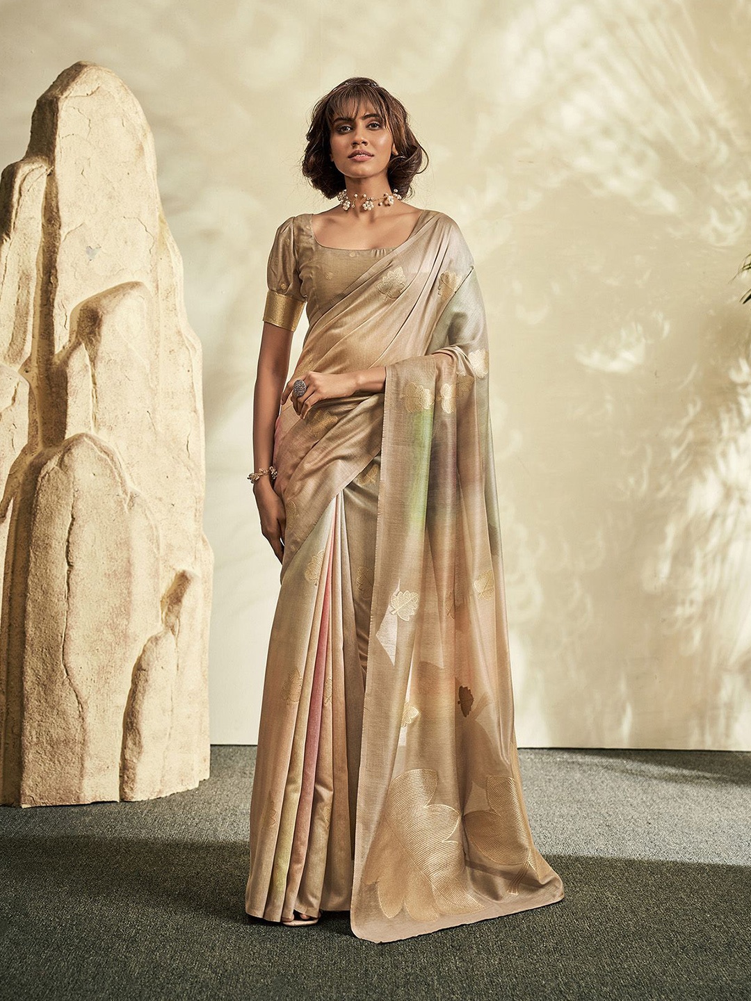 

elora Floral Khadi Saree, Beige