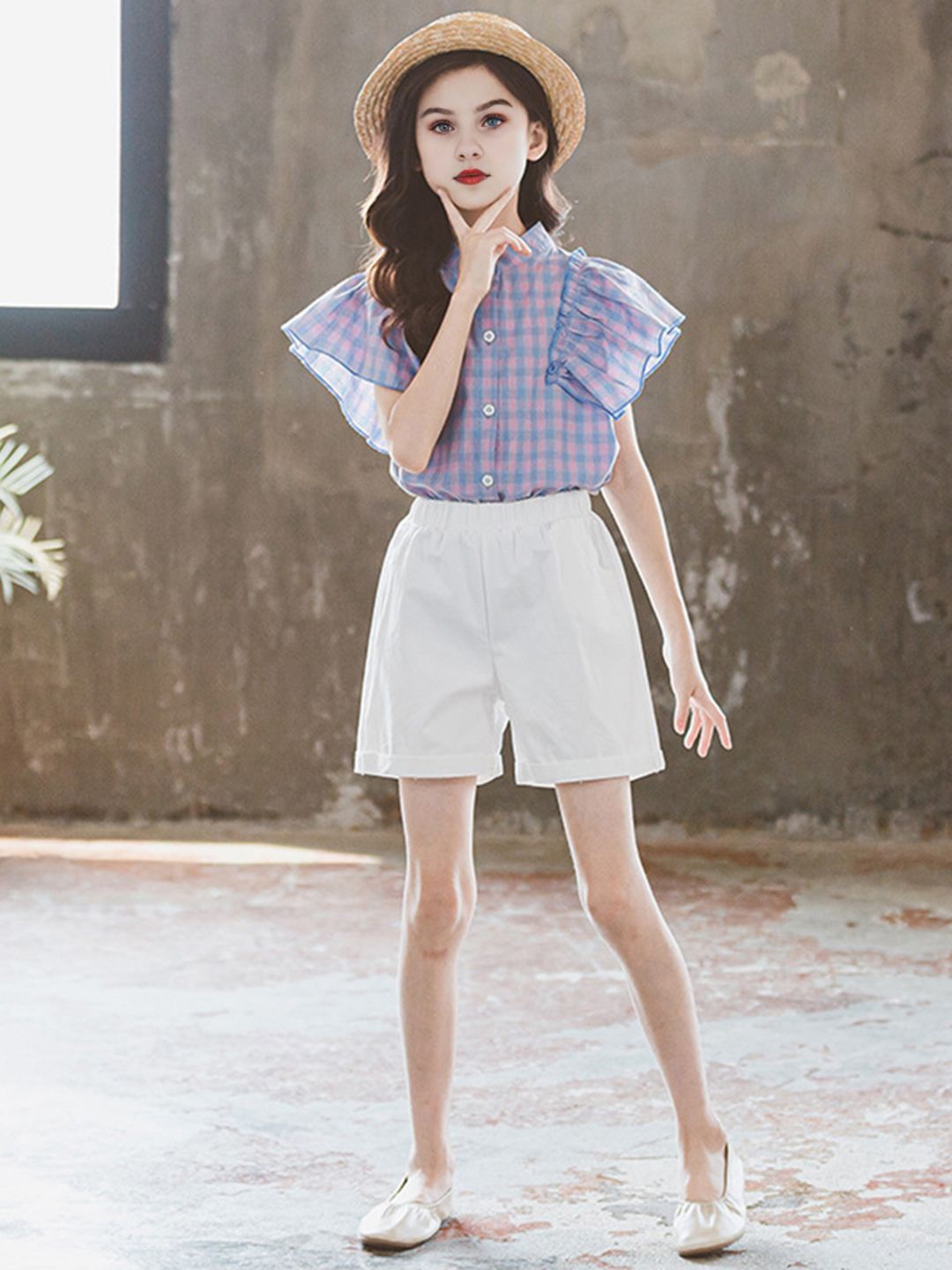 

INCLUD Girls Checked Flared Sleeve Band Collar Shirt With Shorts, Blue