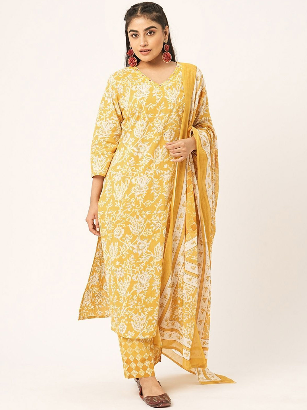 

ODETTE Floral Printed Mirror Work Straight Kurta With Trousers & Dupatta, Mustard